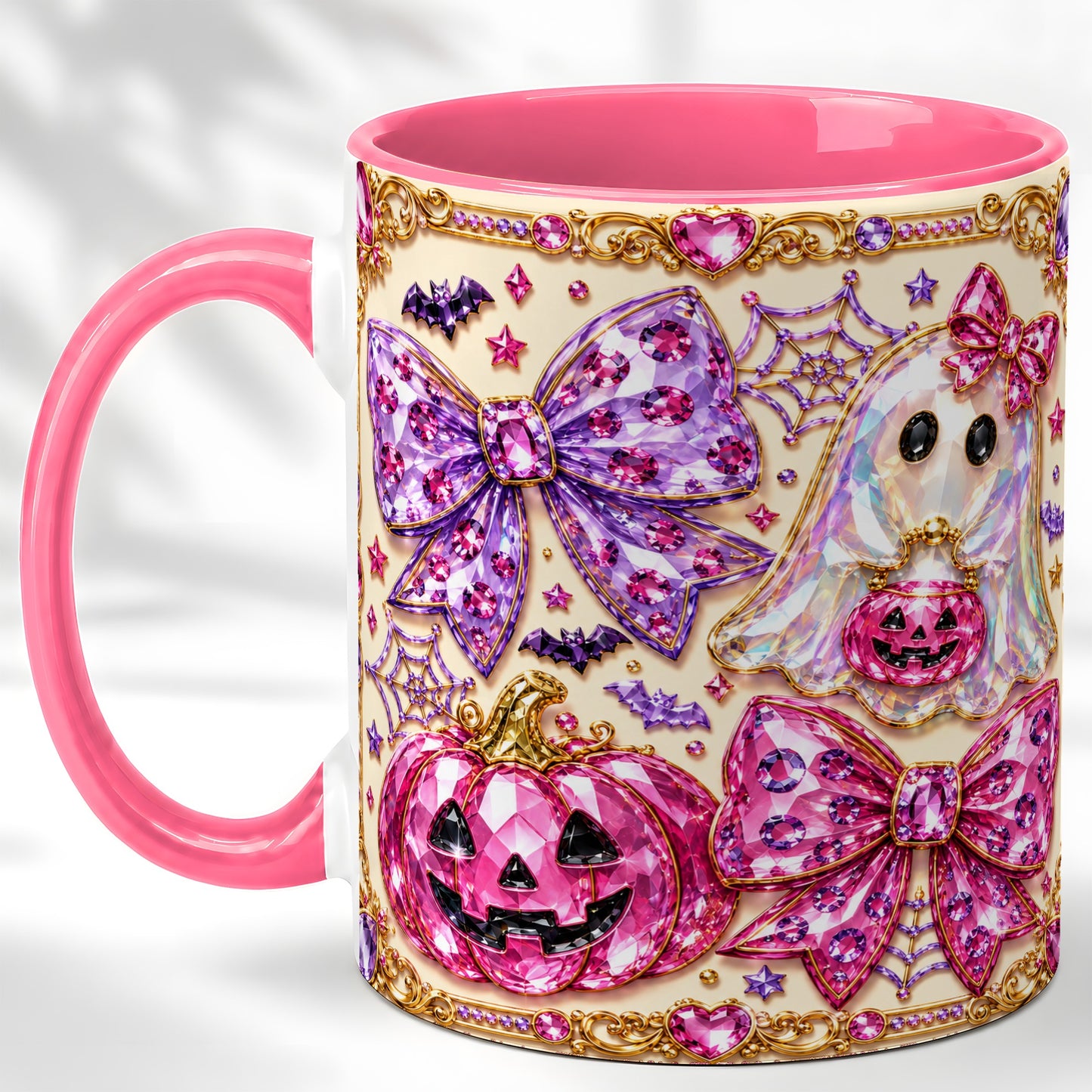 #pl[11oz|Pink] Pink Ghost Bow Coffee Mug, Halloween Pumpkin Mug, Ceramic Cup
