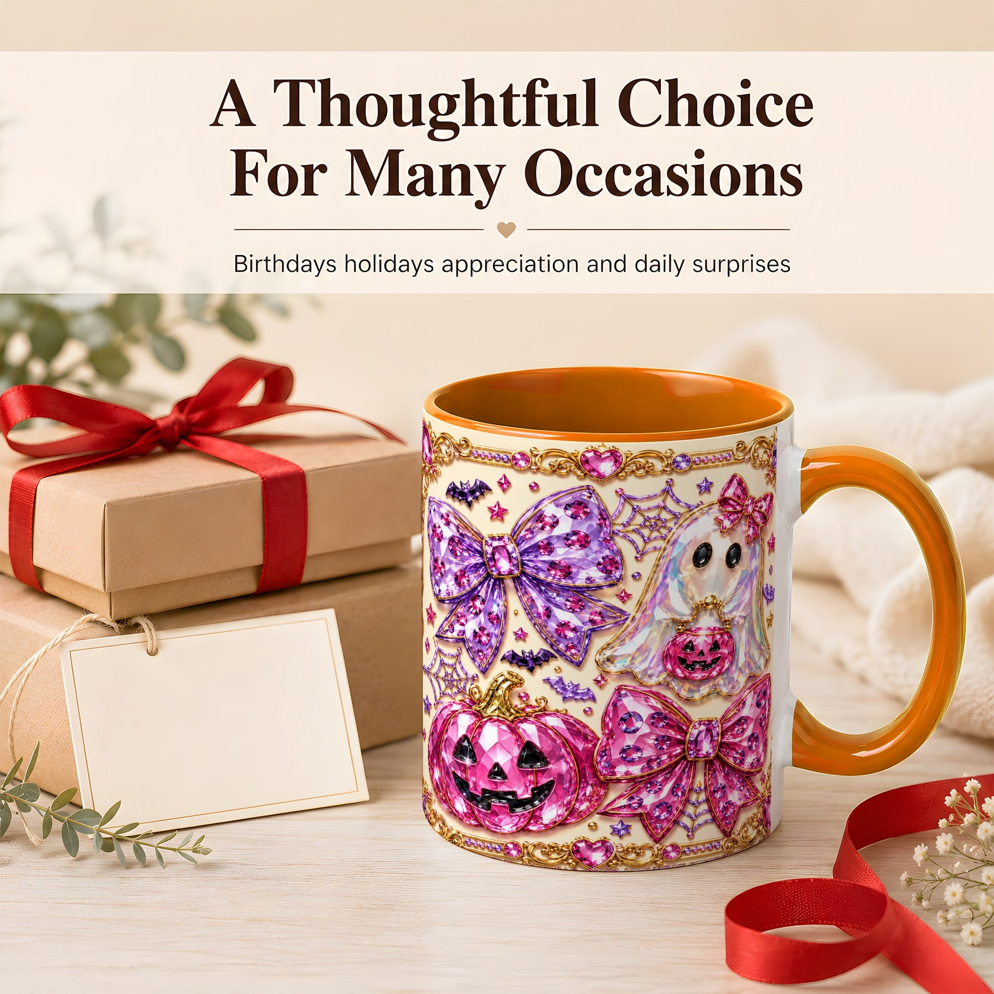 #pl[11oz|Orange] Pink Ghost Bow Coffee Mug, Halloween Pumpkin Mug, Ceramic Cup