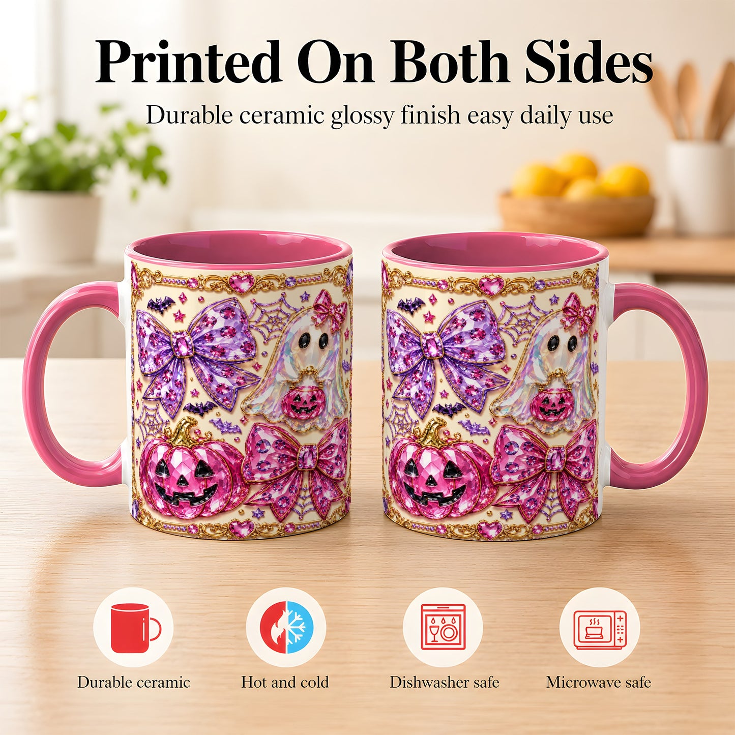 #pl[11oz|Pink] Pink Ghost Bow Coffee Mug, Halloween Pumpkin Mug, Ceramic Cup