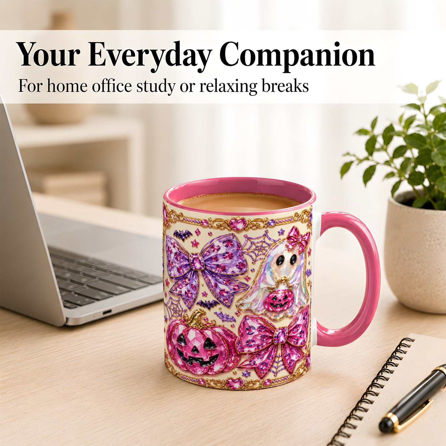 #pl[11oz|Pink] Pink Ghost Bow Coffee Mug, Halloween Pumpkin Mug, Ceramic Cup