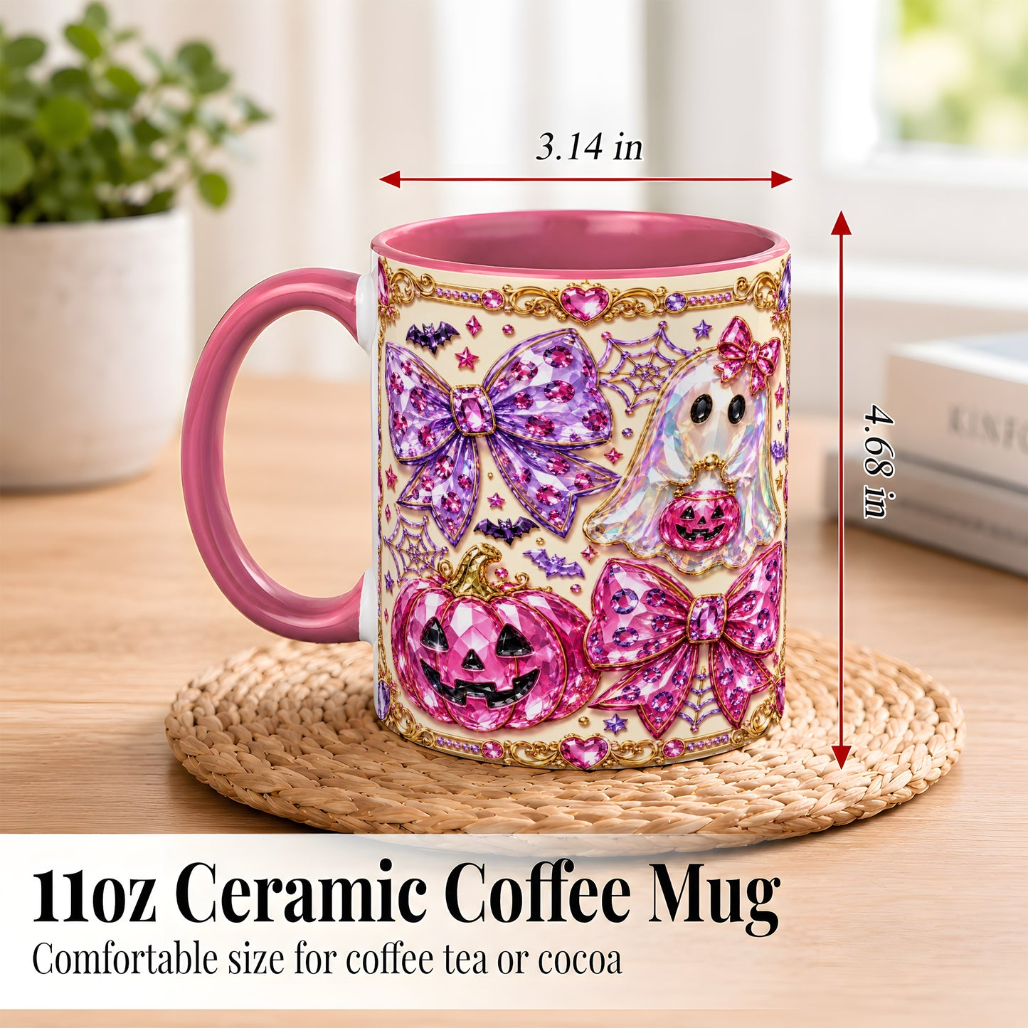 #pl[11oz|Pink] Pink Ghost Bow Coffee Mug, Halloween Pumpkin Mug, Ceramic Cup