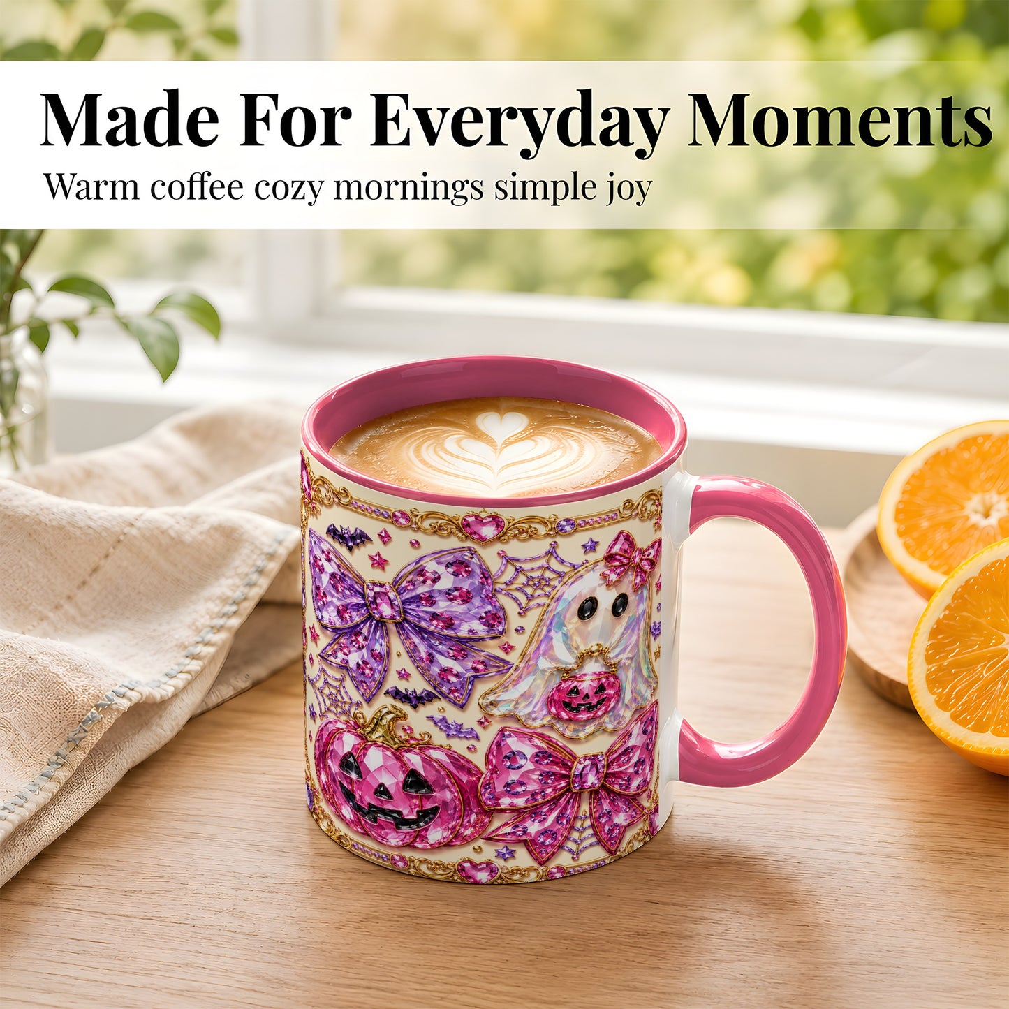 #pl[11oz|Pink] Pink Ghost Bow Coffee Mug, Halloween Pumpkin Mug, Ceramic Cup