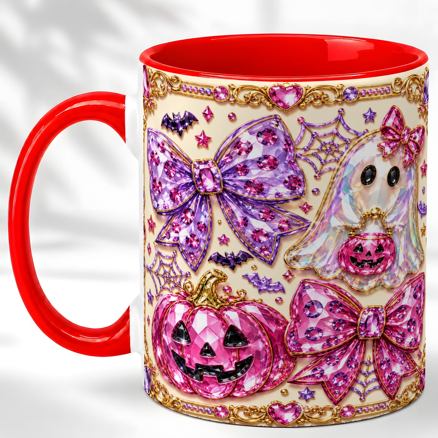 #pl[11oz|Red] Pink Ghost Bow Coffee Mug, Halloween Pumpkin Mug, Ceramic Cup