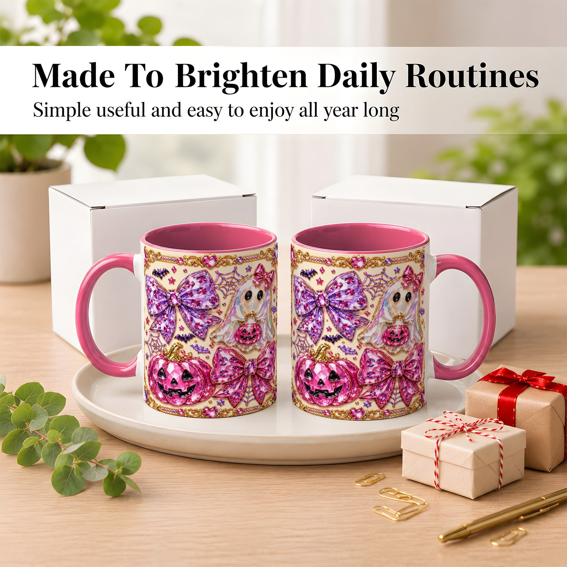 #pl[11oz|Pink] Pink Ghost Bow Coffee Mug, Halloween Pumpkin Mug, Ceramic Cup