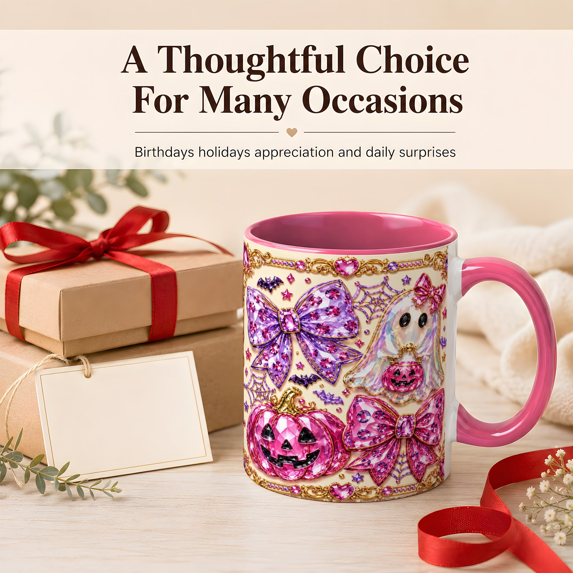 #pl[11oz|Pink] Pink Ghost Bow Coffee Mug, Halloween Pumpkin Mug, Ceramic Cup