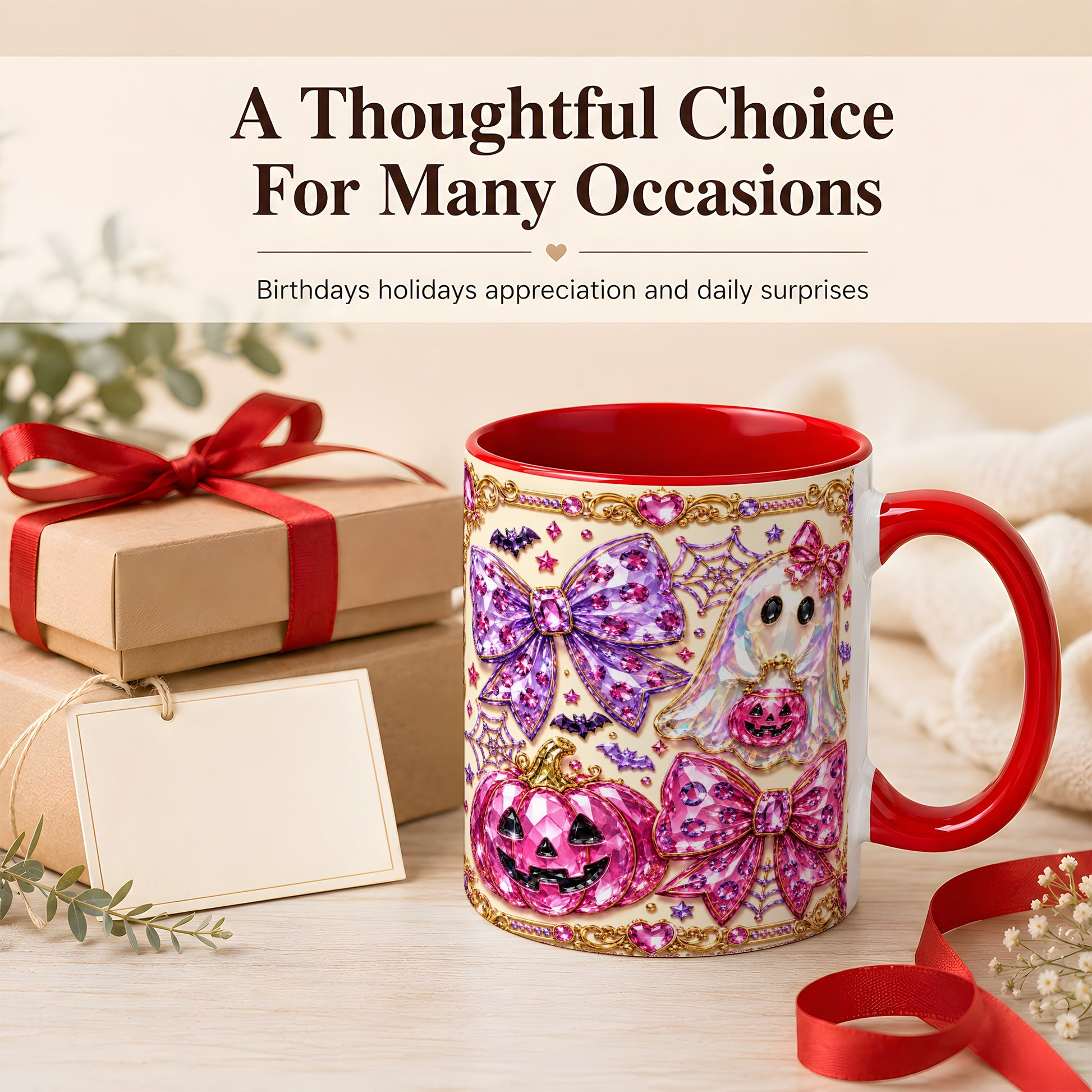 #pl[11oz|Red] Pink Ghost Bow Coffee Mug, Halloween Pumpkin Mug, Ceramic Cup