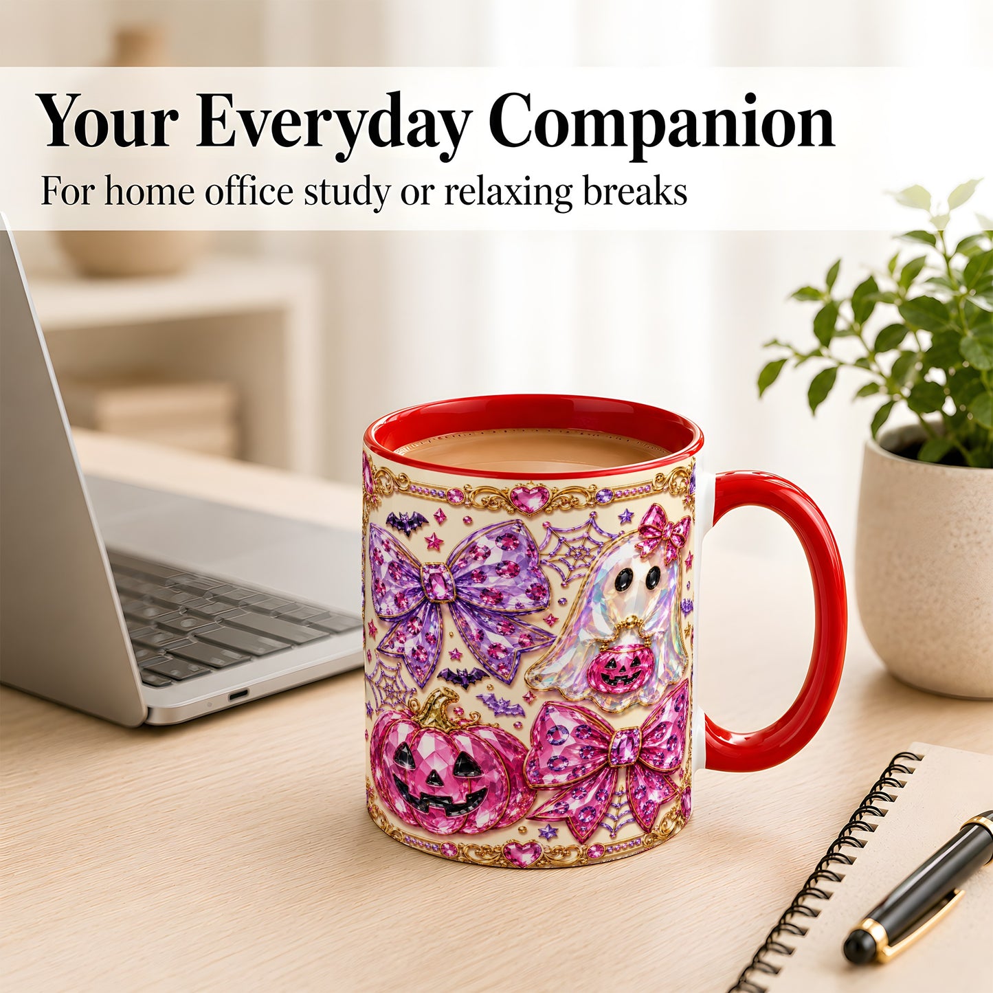 #pl[11oz|Red] Pink Ghost Bow Coffee Mug, Halloween Pumpkin Mug, Ceramic Cup