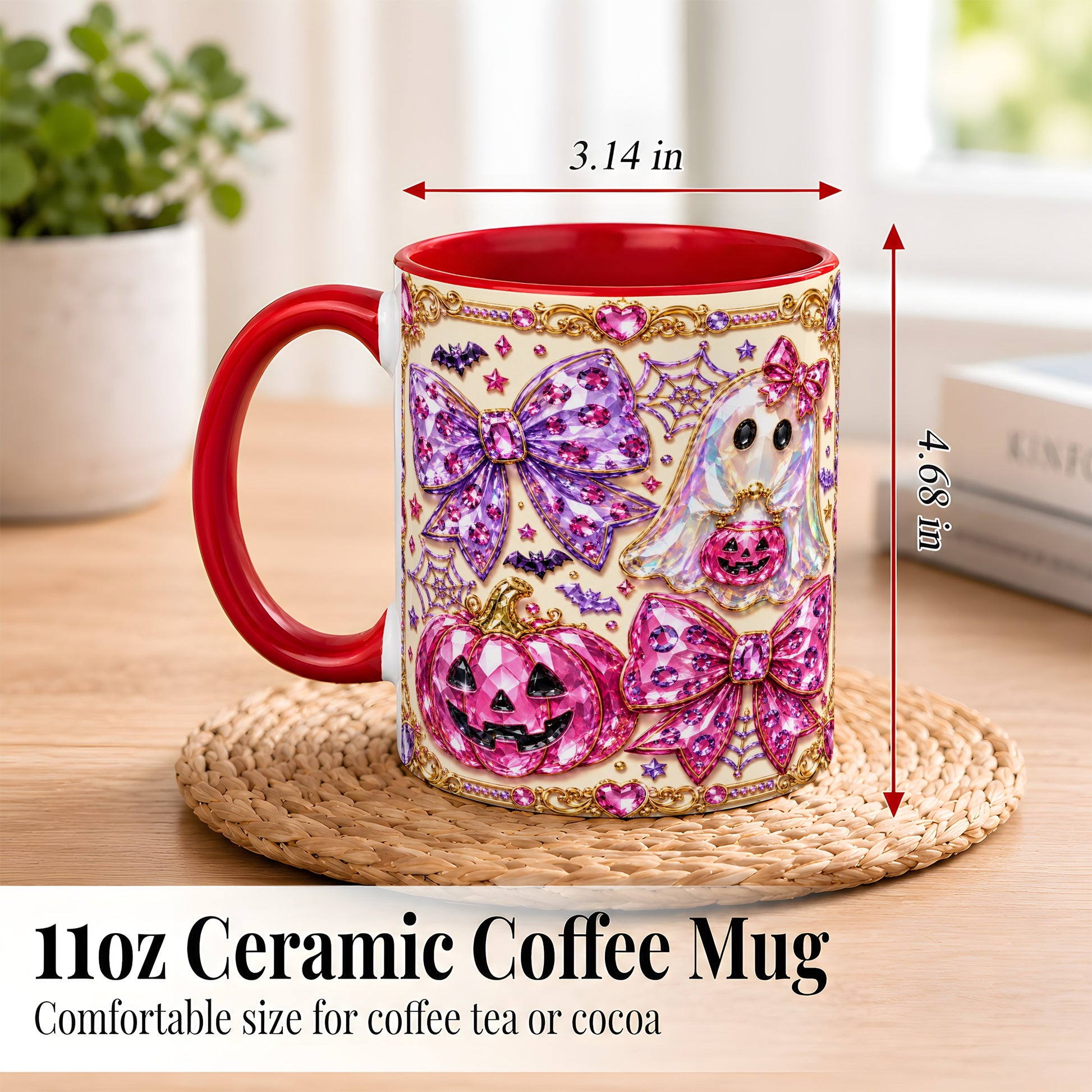 #pl[11oz|Red] Pink Ghost Bow Coffee Mug, Halloween Pumpkin Mug, Ceramic Cup