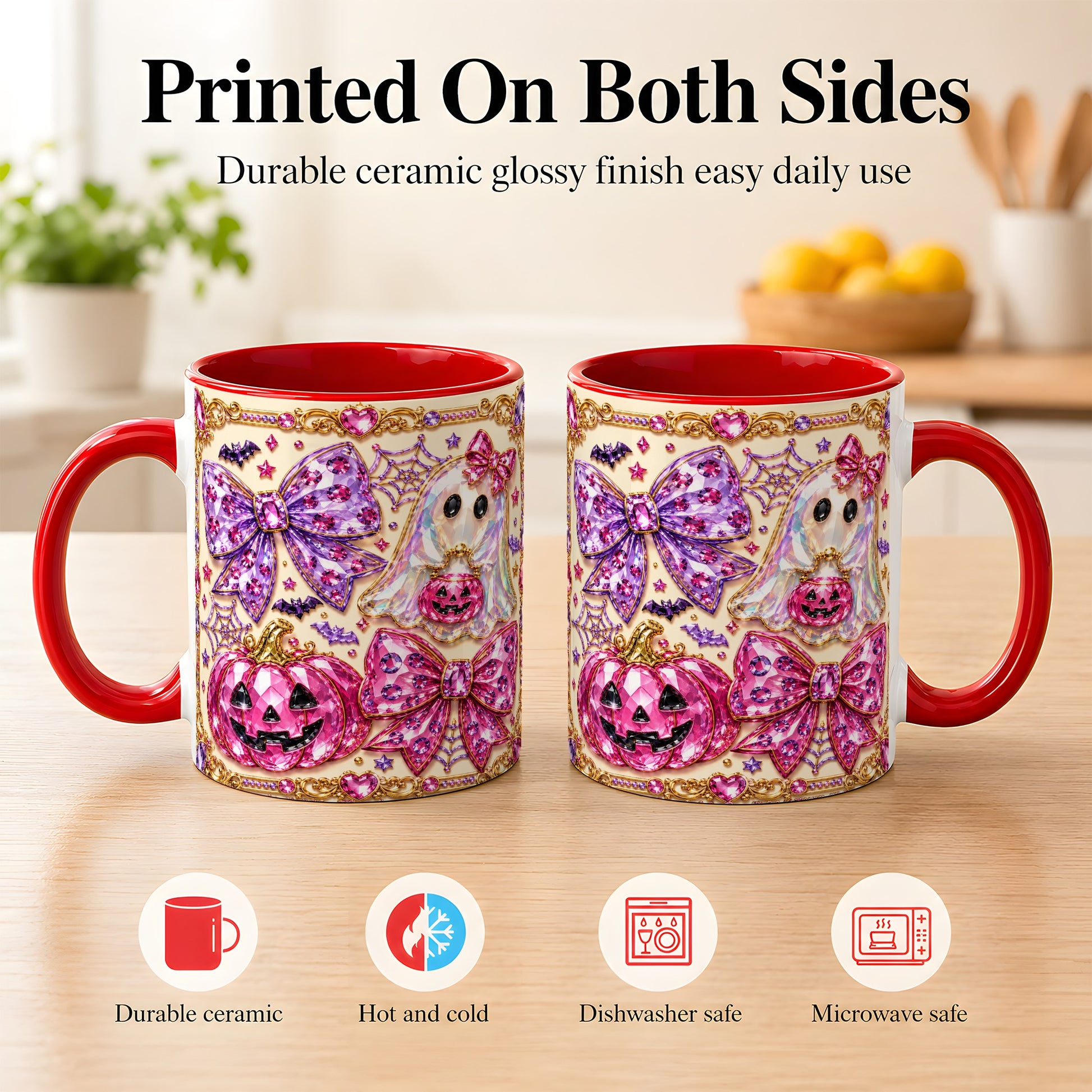 #pl[11oz|Red] Pink Ghost Bow Coffee Mug, Halloween Pumpkin Mug, Ceramic Cup