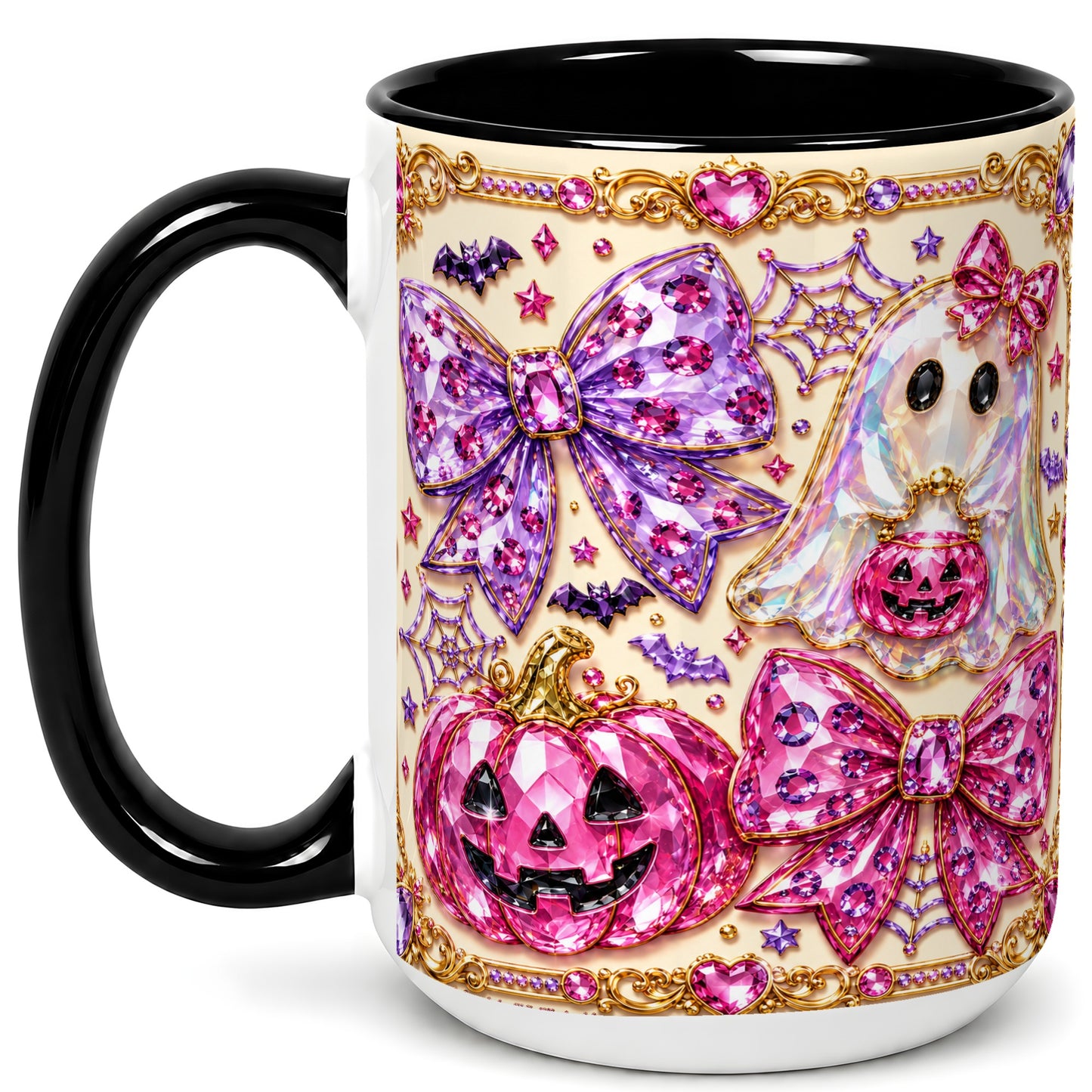 #pl[15oz|Black] Pink Ghost Bow Coffee Mug, Halloween Pumpkin Mug, Ceramic Cup