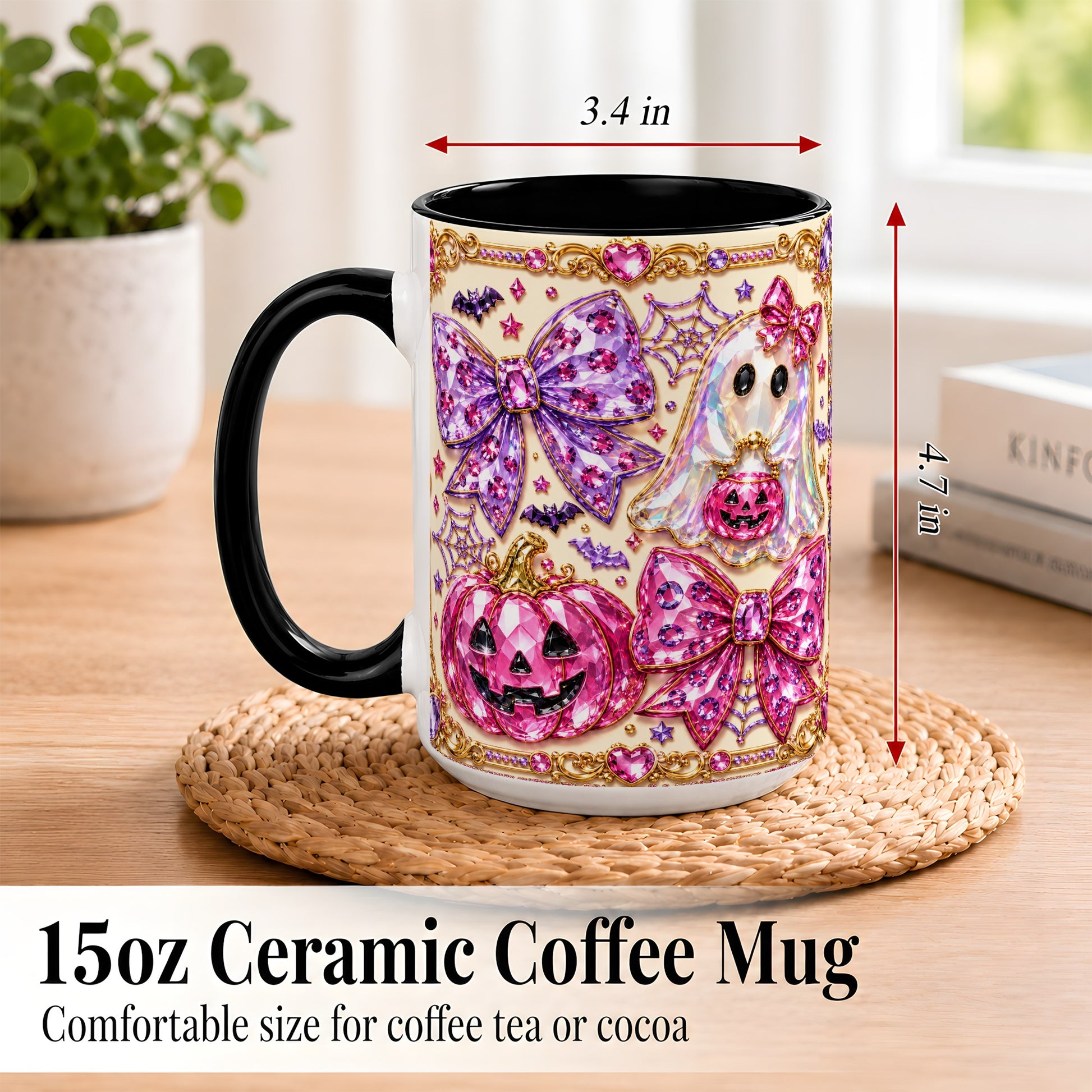 #pl[15oz|Black] Pink Ghost Bow Coffee Mug, Halloween Pumpkin Mug, Ceramic Cup