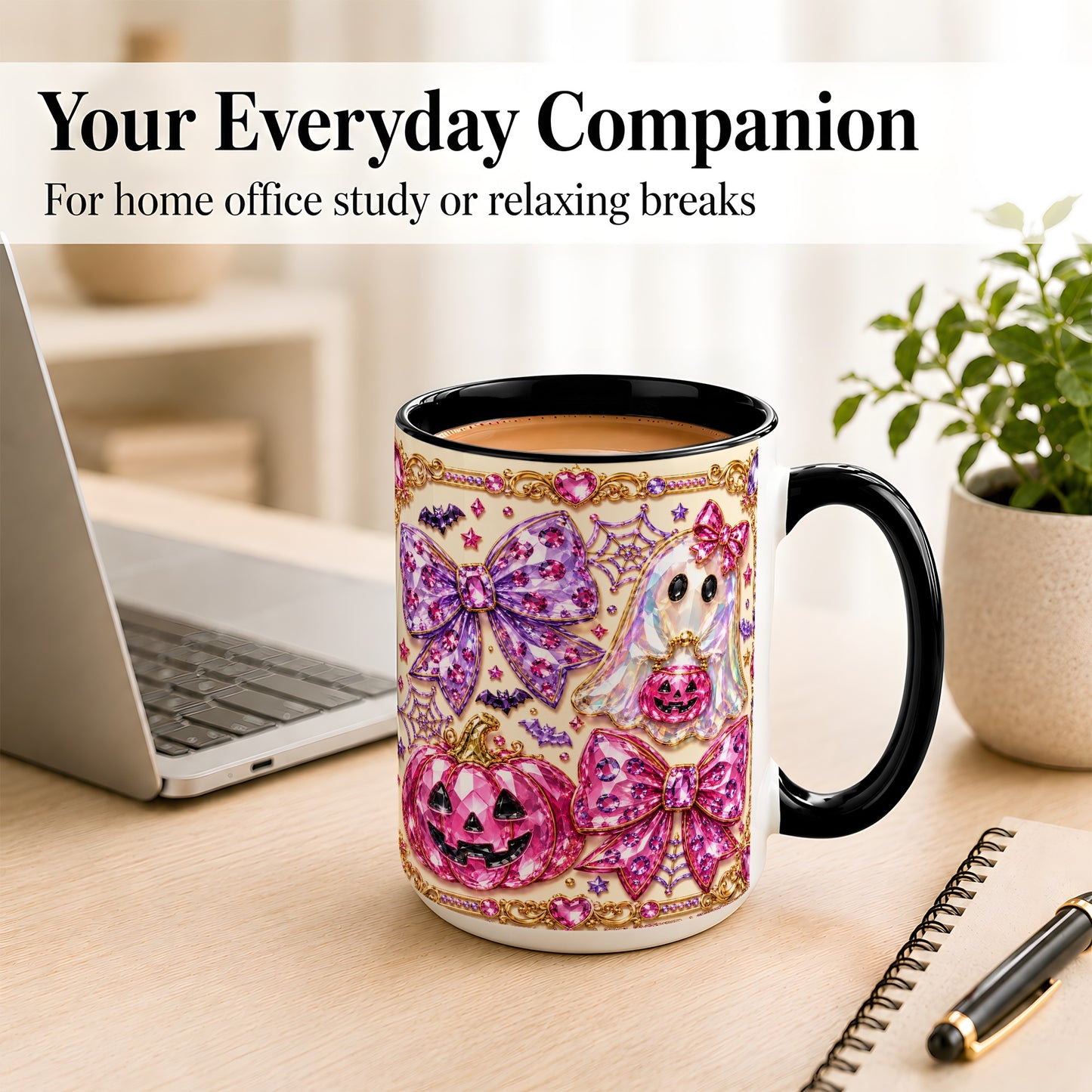 #pl[15oz|Black] Pink Ghost Bow Coffee Mug, Halloween Pumpkin Mug, Ceramic Cup