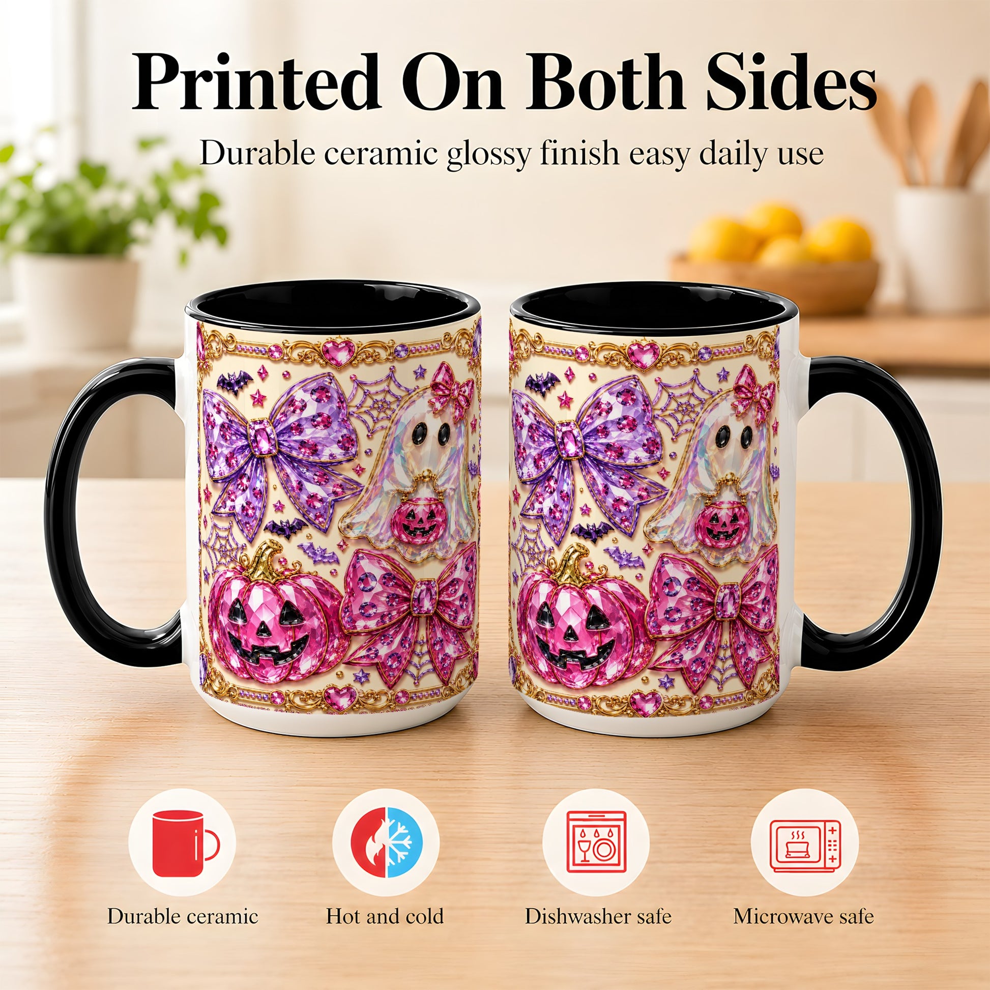 #pl[15oz|Black] Pink Ghost Bow Coffee Mug, Halloween Pumpkin Mug, Ceramic Cup