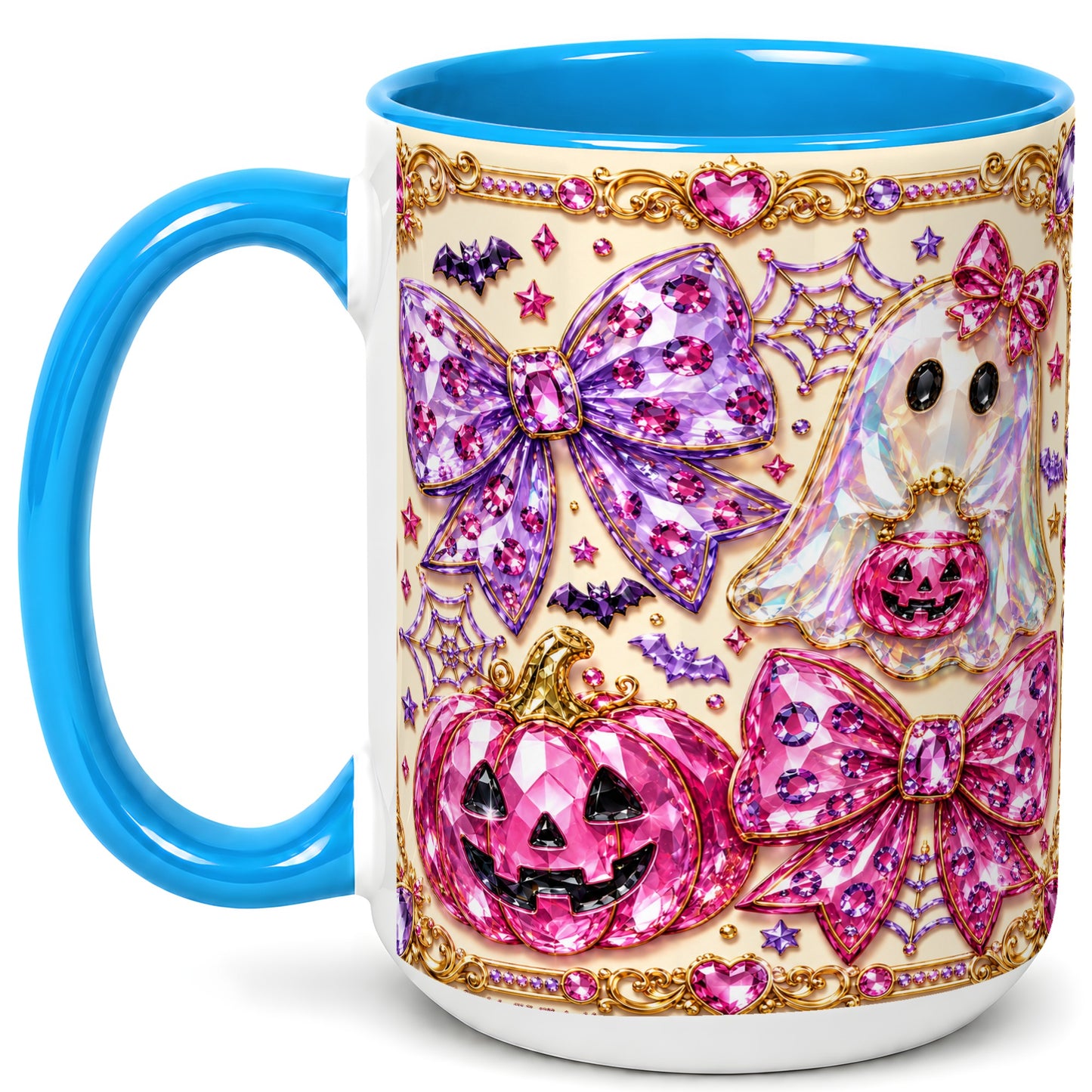 #pl[15oz|Blue] Pink Ghost Bow Coffee Mug, Halloween Pumpkin Mug, Ceramic Cup