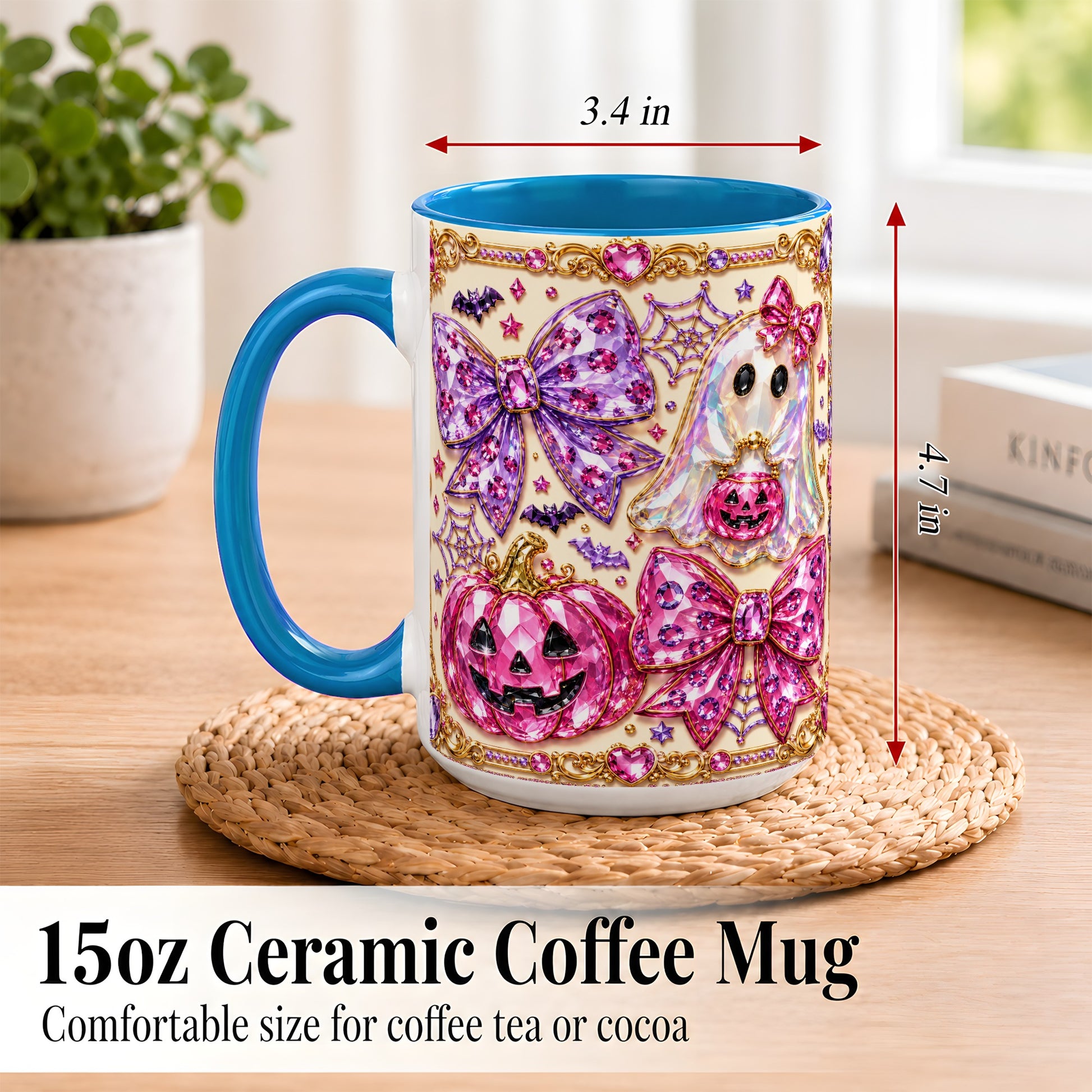 #pl[15oz|Blue] Pink Ghost Bow Coffee Mug, Halloween Pumpkin Mug, Ceramic Cup