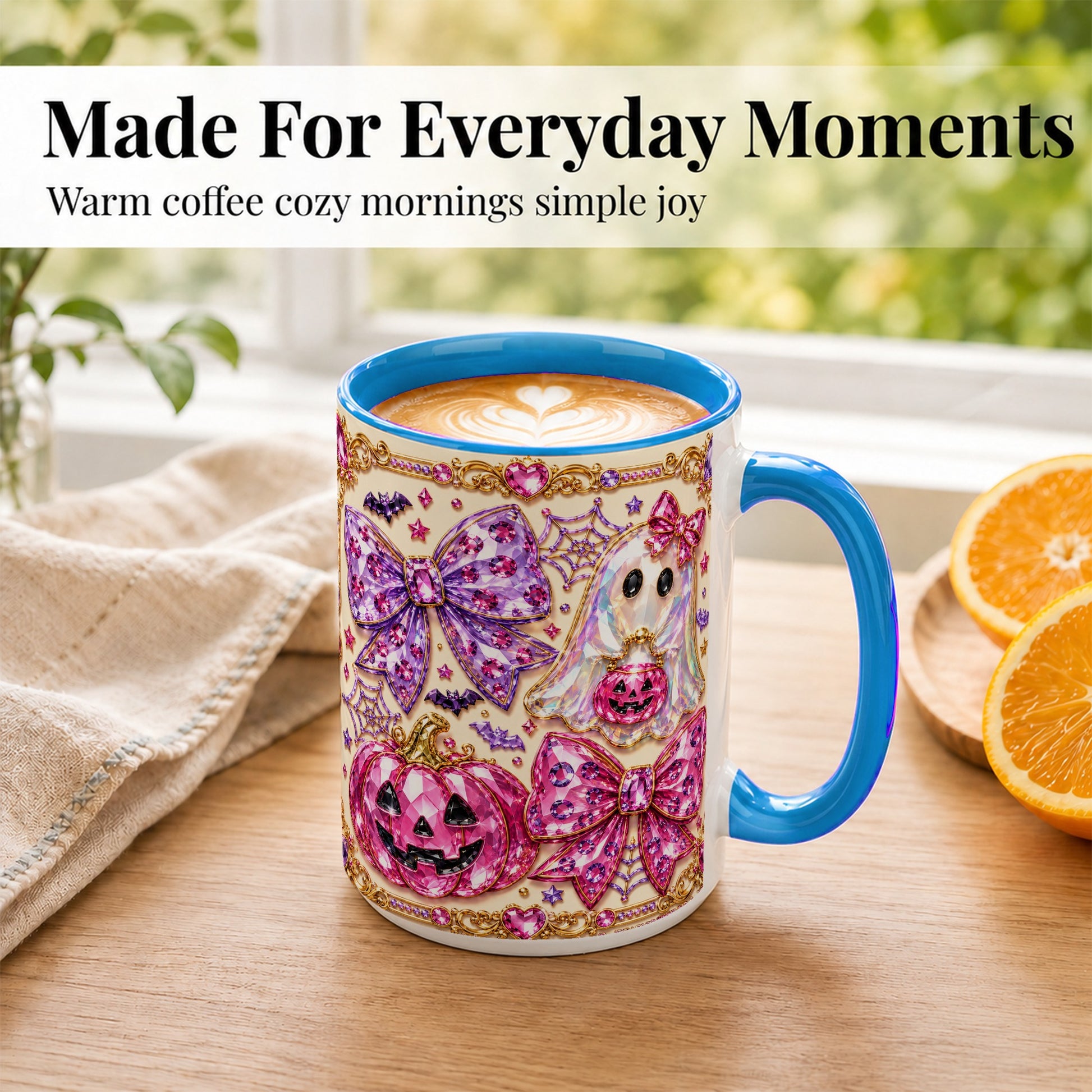 #pl[15oz|Blue] Pink Ghost Bow Coffee Mug, Halloween Pumpkin Mug, Ceramic Cup