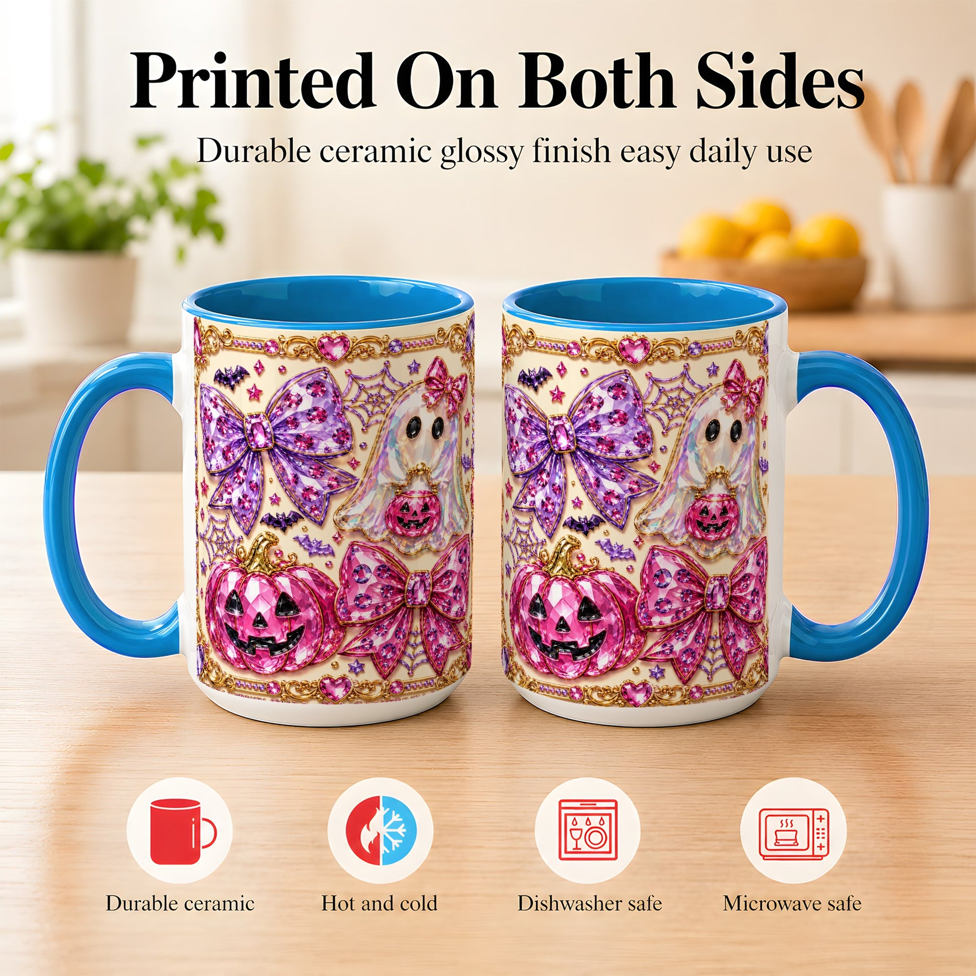 #pl[15oz|Blue] Pink Ghost Bow Coffee Mug, Halloween Pumpkin Mug, Ceramic Cup