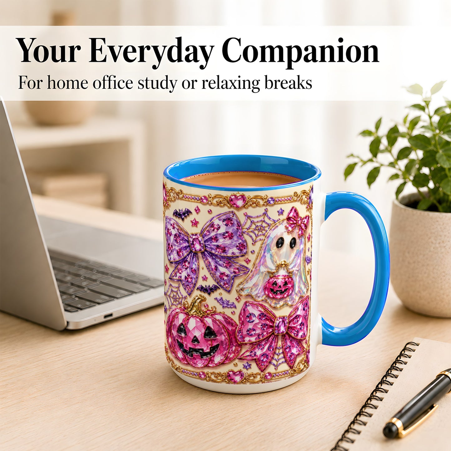 #pl[15oz|Blue] Pink Ghost Bow Coffee Mug, Halloween Pumpkin Mug, Ceramic Cup