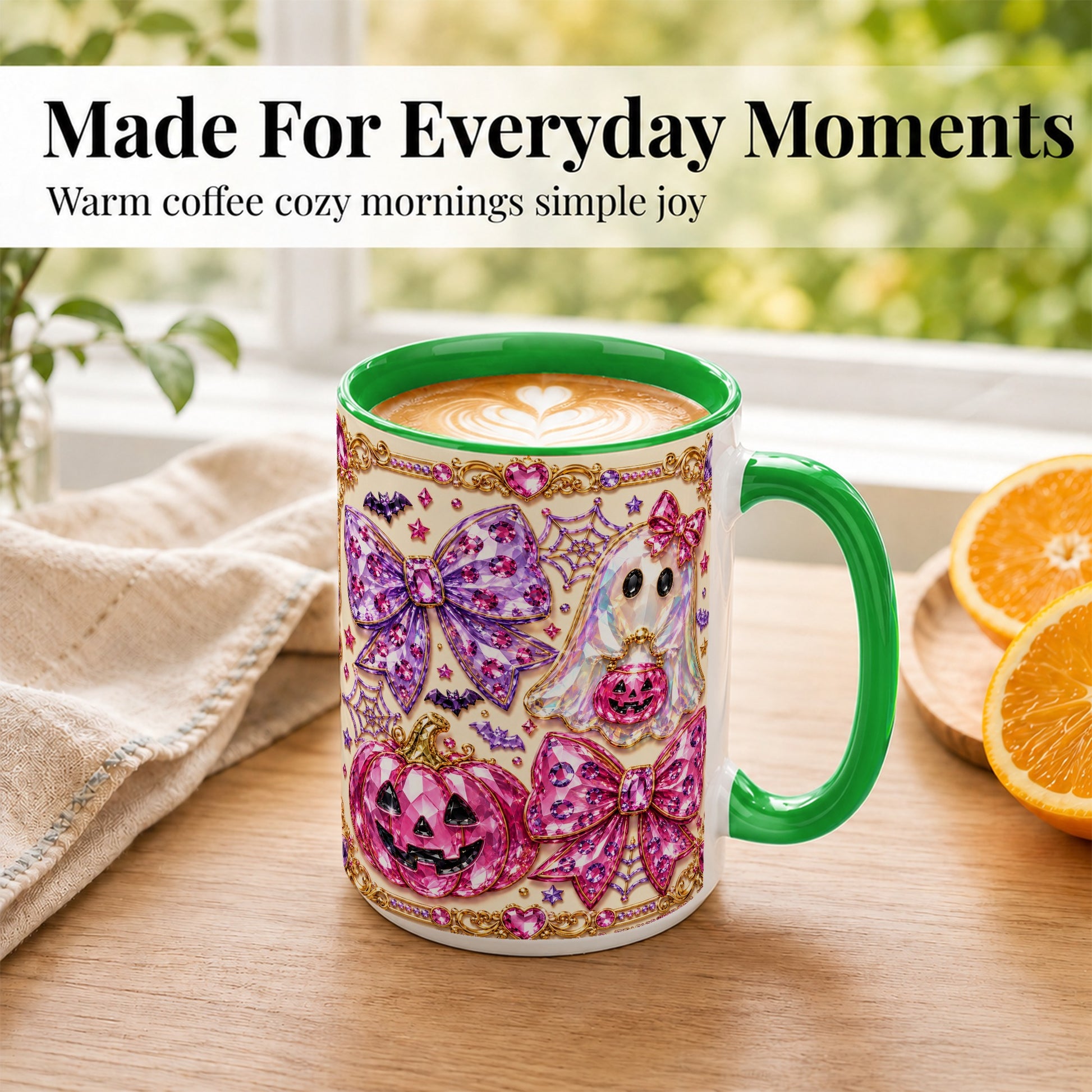 #pl[15oz|Green] Pink Ghost Bow Coffee Mug, Halloween Pumpkin Mug, Ceramic Cup