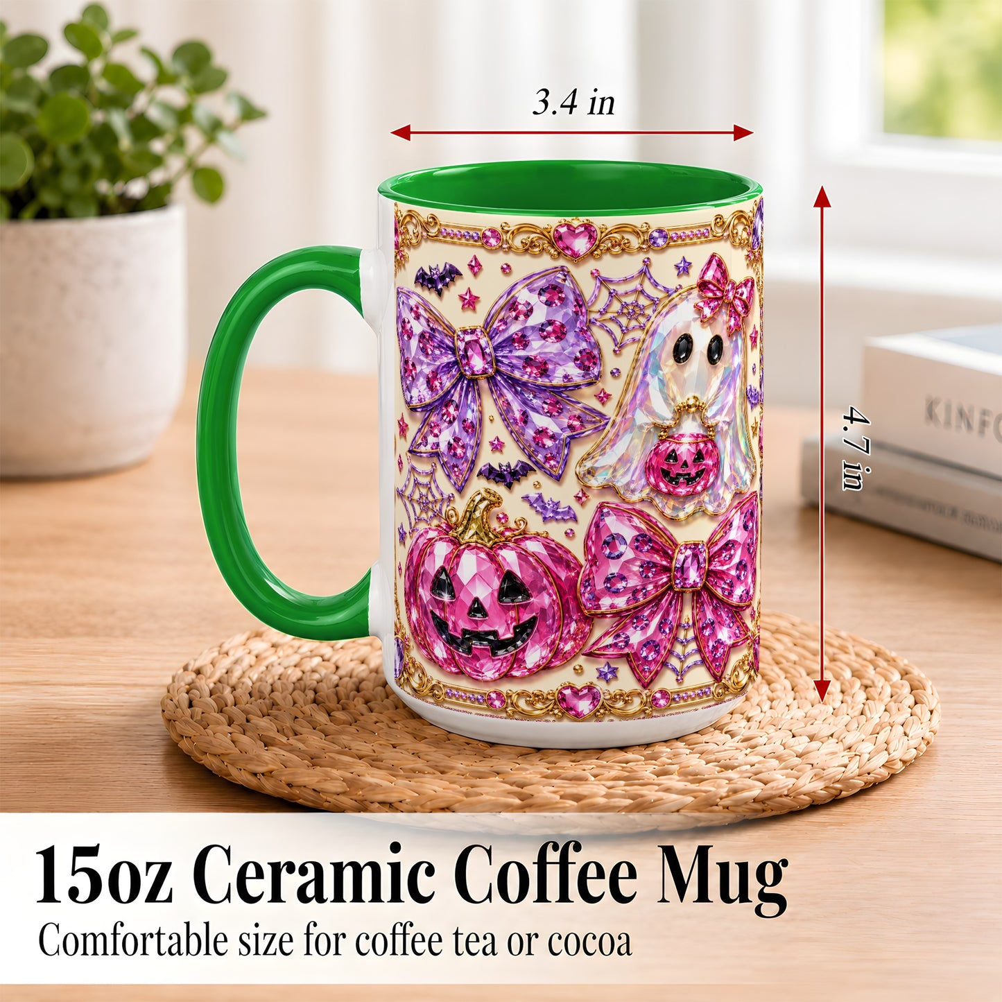 #pl[15oz|Green] Pink Ghost Bow Coffee Mug, Halloween Pumpkin Mug, Ceramic Cup