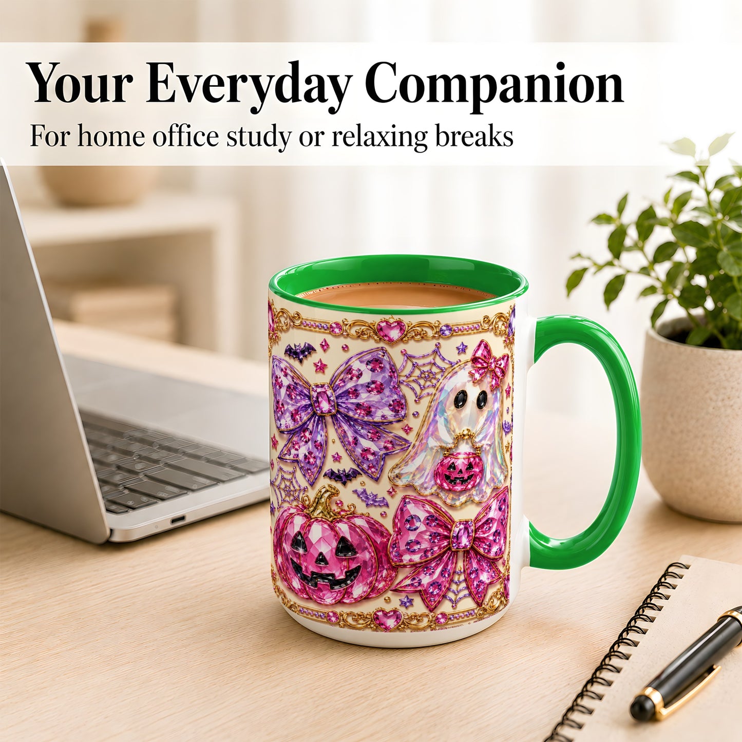 #pl[15oz|Green] Pink Ghost Bow Coffee Mug, Halloween Pumpkin Mug, Ceramic Cup
