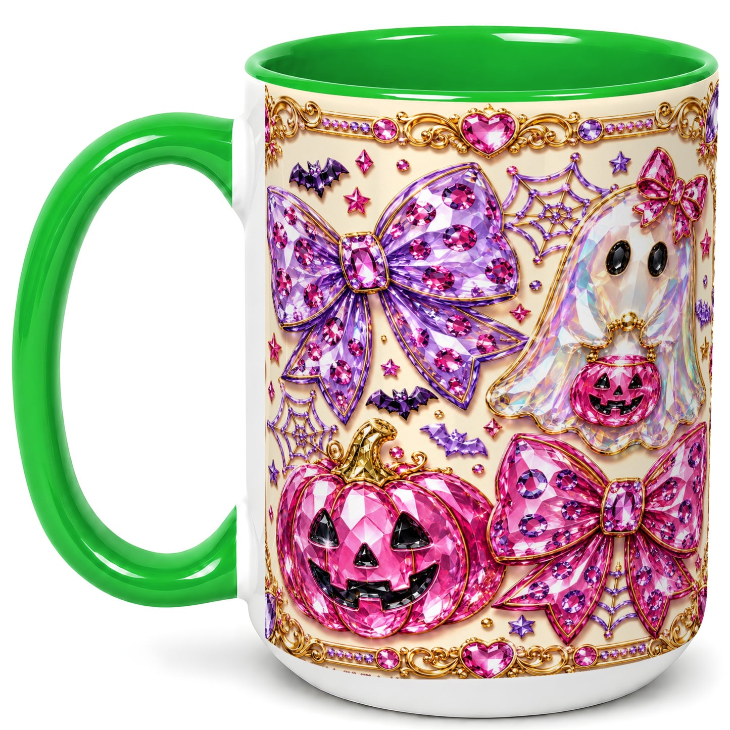 #pl[15oz|Green] Pink Ghost Bow Coffee Mug, Halloween Pumpkin Mug, Ceramic Cup