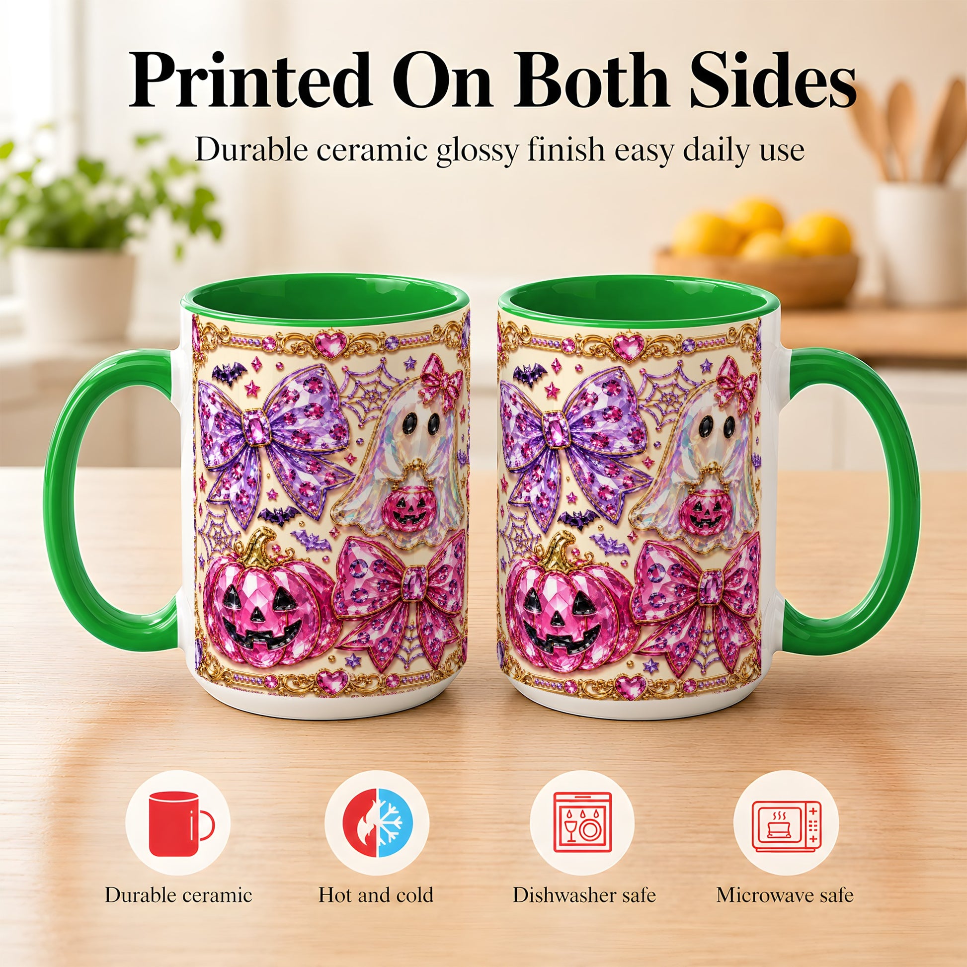 #pl[15oz|Green] Pink Ghost Bow Coffee Mug, Halloween Pumpkin Mug, Ceramic Cup