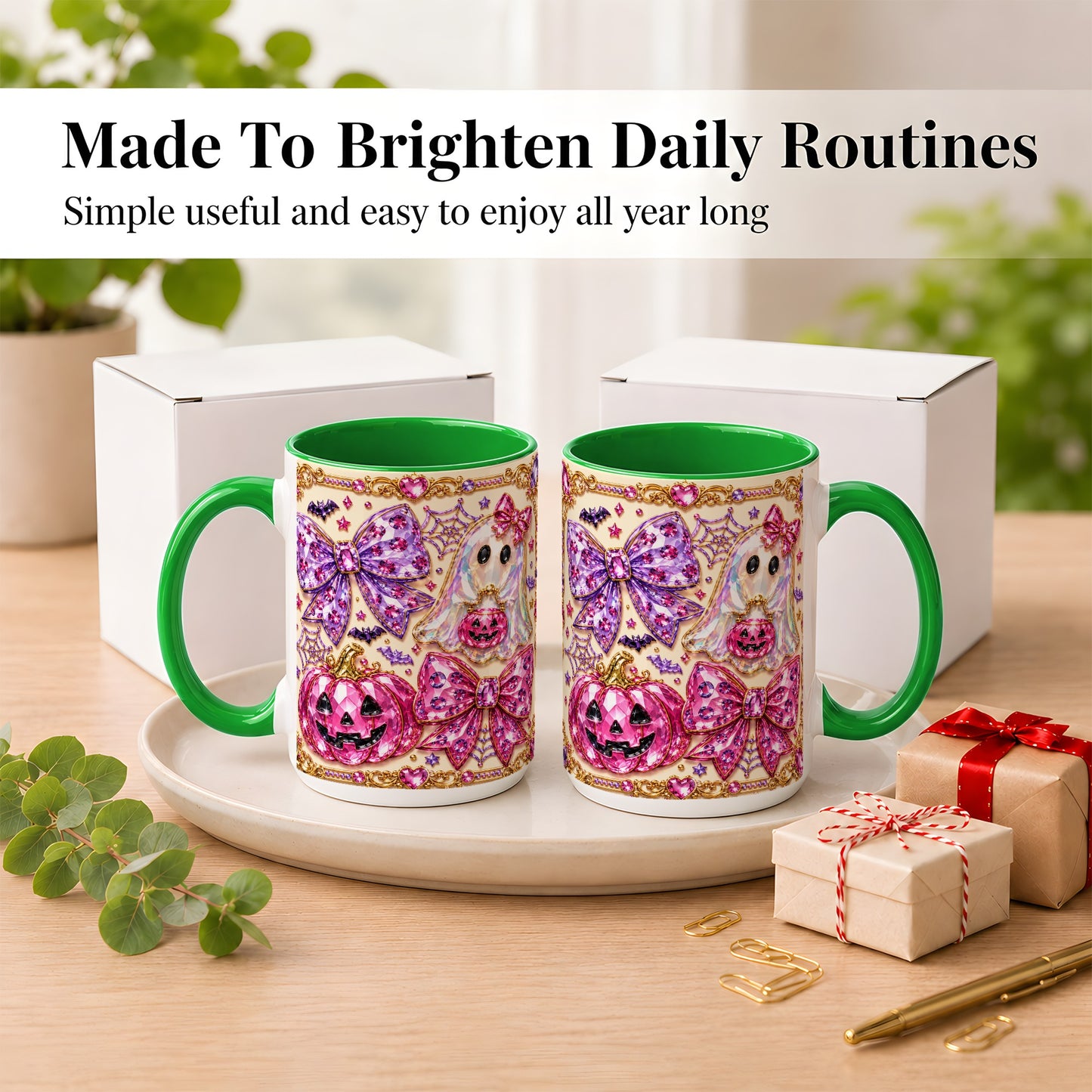 #pl[15oz|Green] Pink Ghost Bow Coffee Mug, Halloween Pumpkin Mug, Ceramic Cup