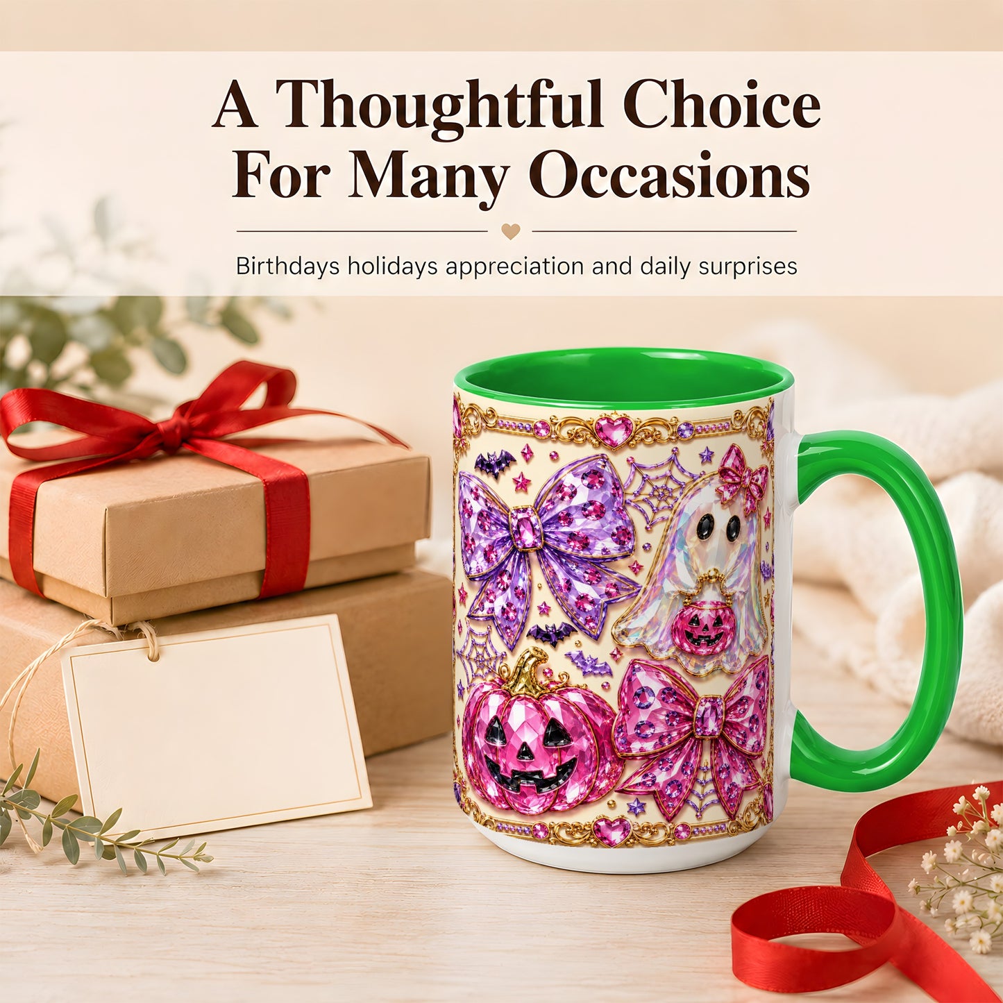 #pl[15oz|Green] Pink Ghost Bow Coffee Mug, Halloween Pumpkin Mug, Ceramic Cup