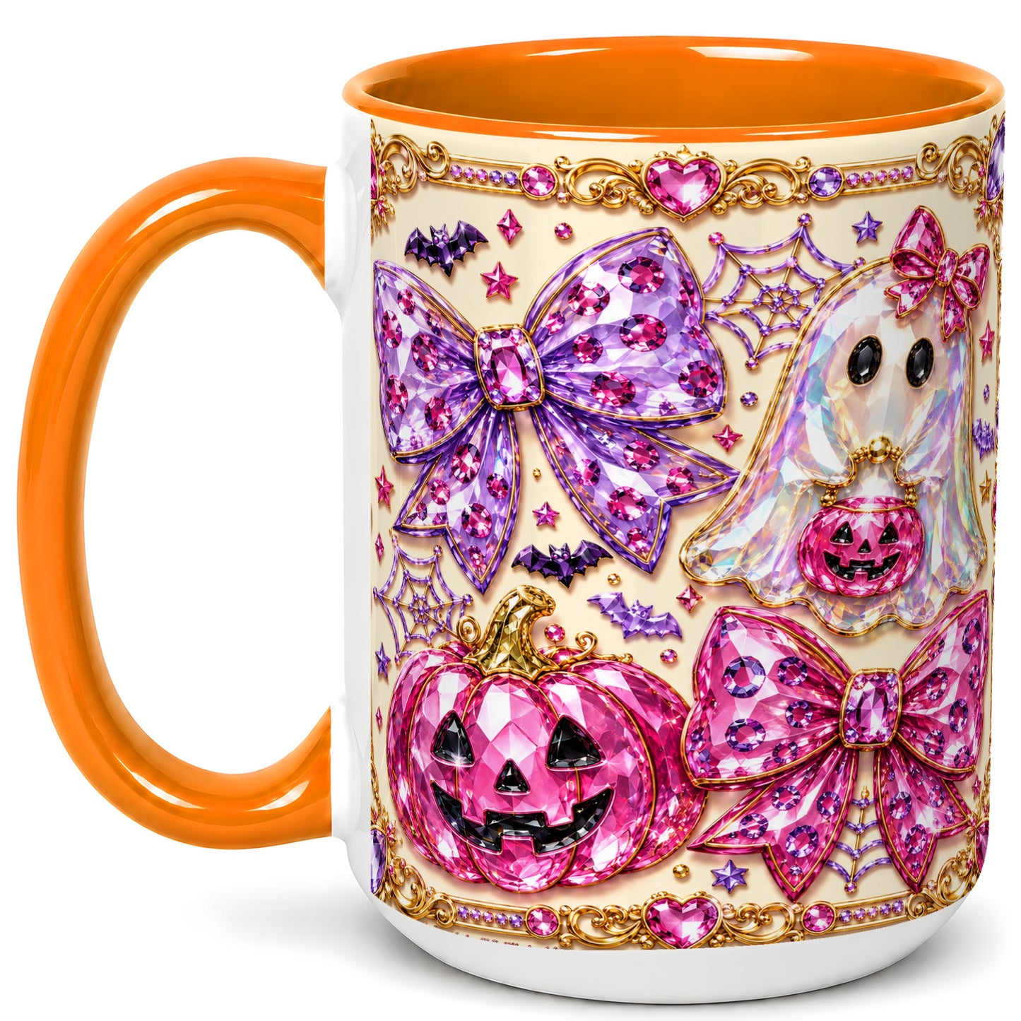 #pl[15oz|Orange] Pink Ghost Bow Coffee Mug, Halloween Pumpkin Mug, Ceramic Cup
