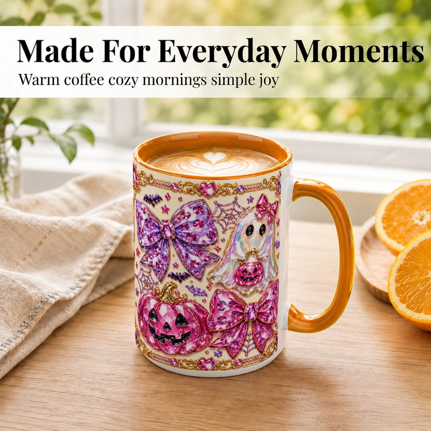 #pl[15oz|Orange] Pink Ghost Bow Coffee Mug, Halloween Pumpkin Mug, Ceramic Cup