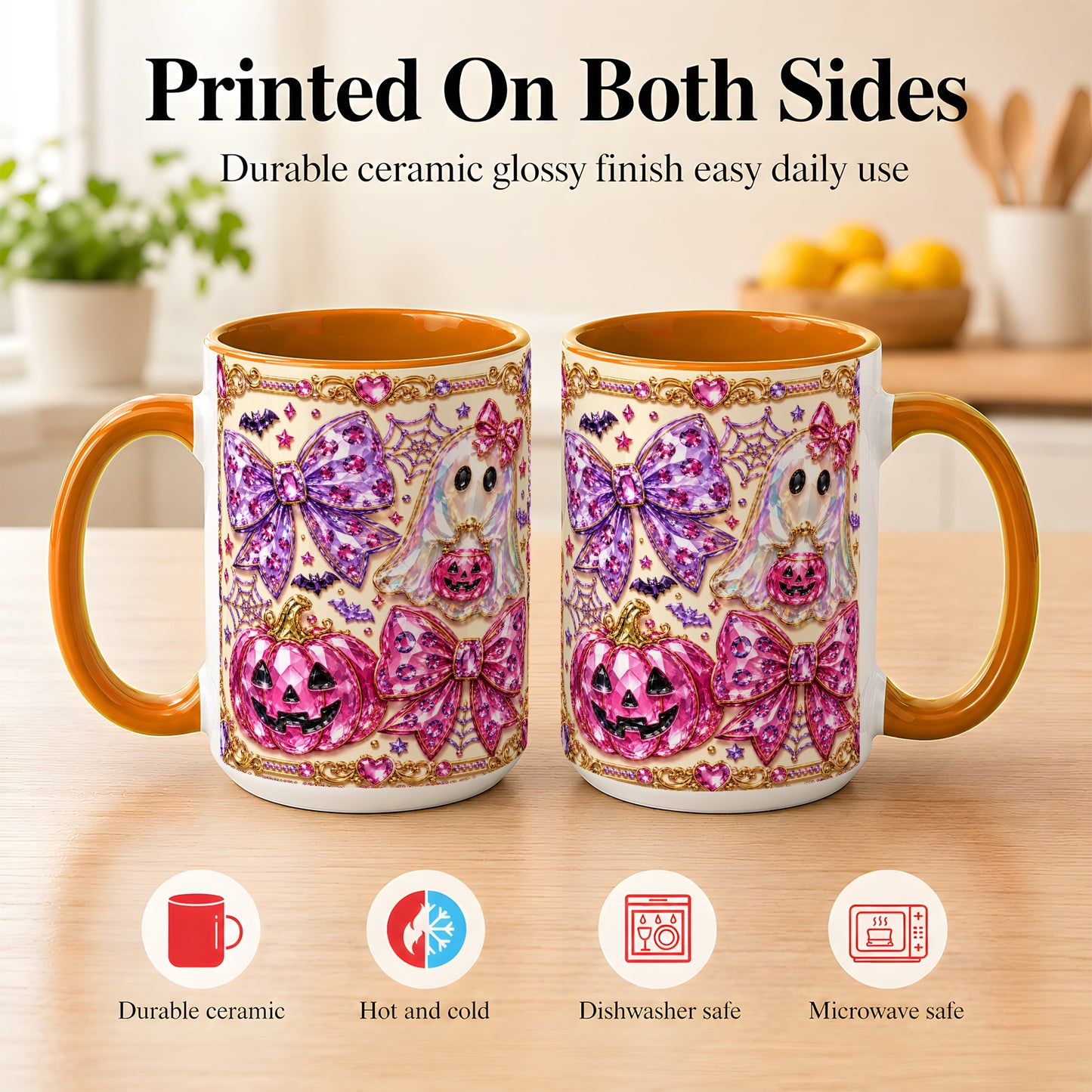 #pl[15oz|Orange] Pink Ghost Bow Coffee Mug, Halloween Pumpkin Mug, Ceramic Cup
