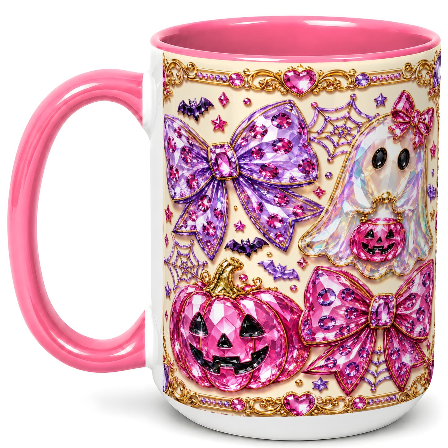 #pl[15oz|Pink] Pink Ghost Bow Coffee Mug, Halloween Pumpkin Mug, Ceramic Cup