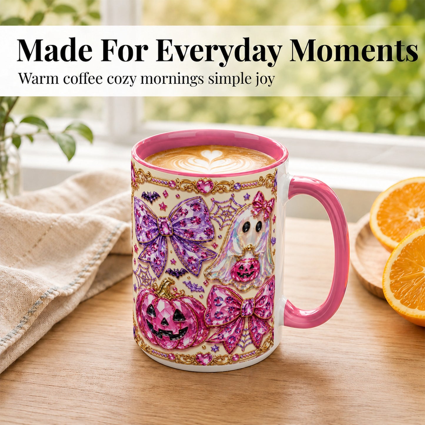 #pl[15oz|Pink] Pink Ghost Bow Coffee Mug, Halloween Pumpkin Mug, Ceramic Cup