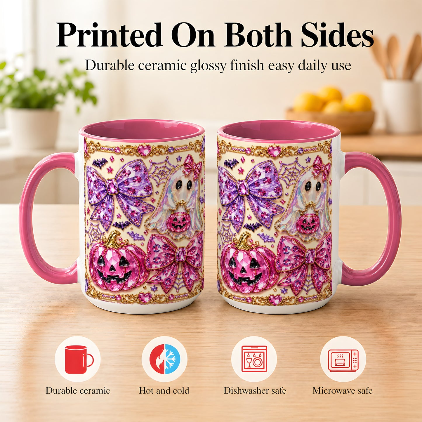 #pl[15oz|Pink] Pink Ghost Bow Coffee Mug, Halloween Pumpkin Mug, Ceramic Cup