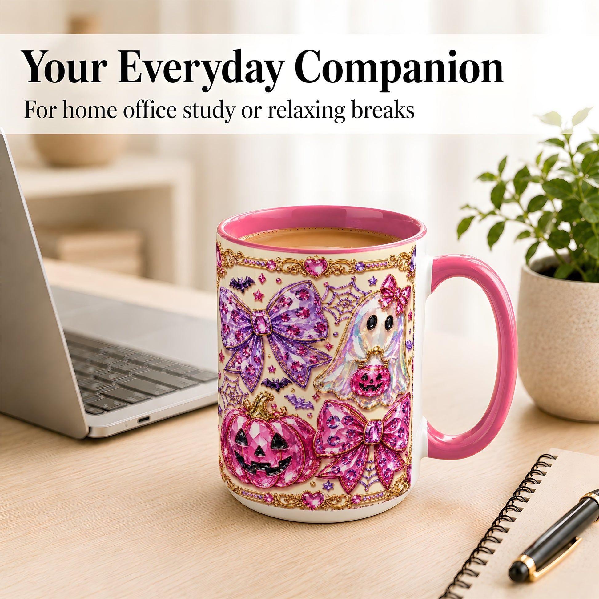 #pl[15oz|Pink] Pink Ghost Bow Coffee Mug, Halloween Pumpkin Mug, Ceramic Cup