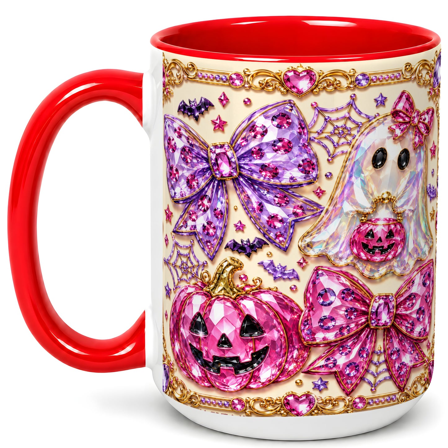#pl[15oz|Red] Pink Ghost Bow Coffee Mug, Halloween Pumpkin Mug, Ceramic Cup