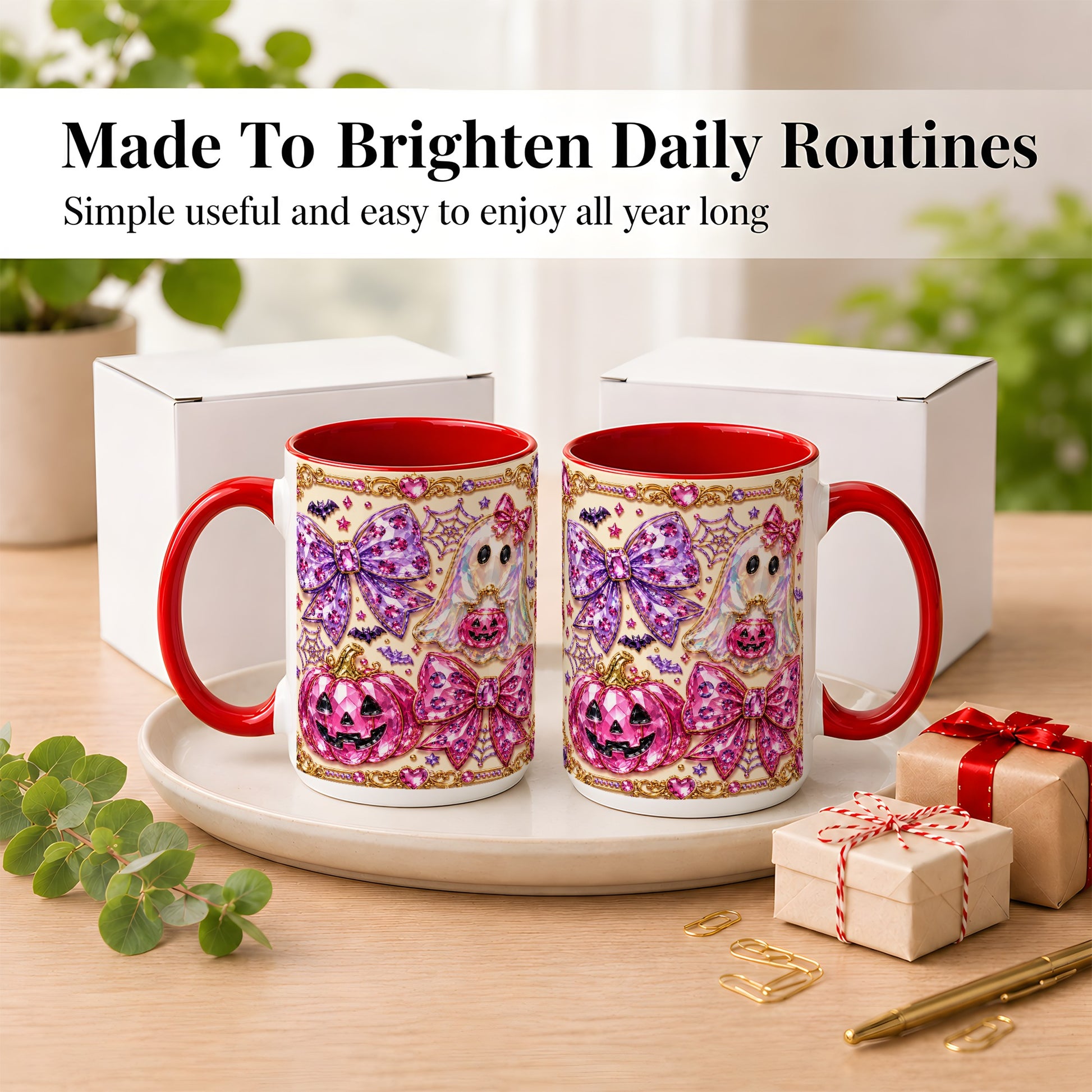 #pl[15oz|Red] Pink Ghost Bow Coffee Mug, Halloween Pumpkin Mug, Ceramic Cup