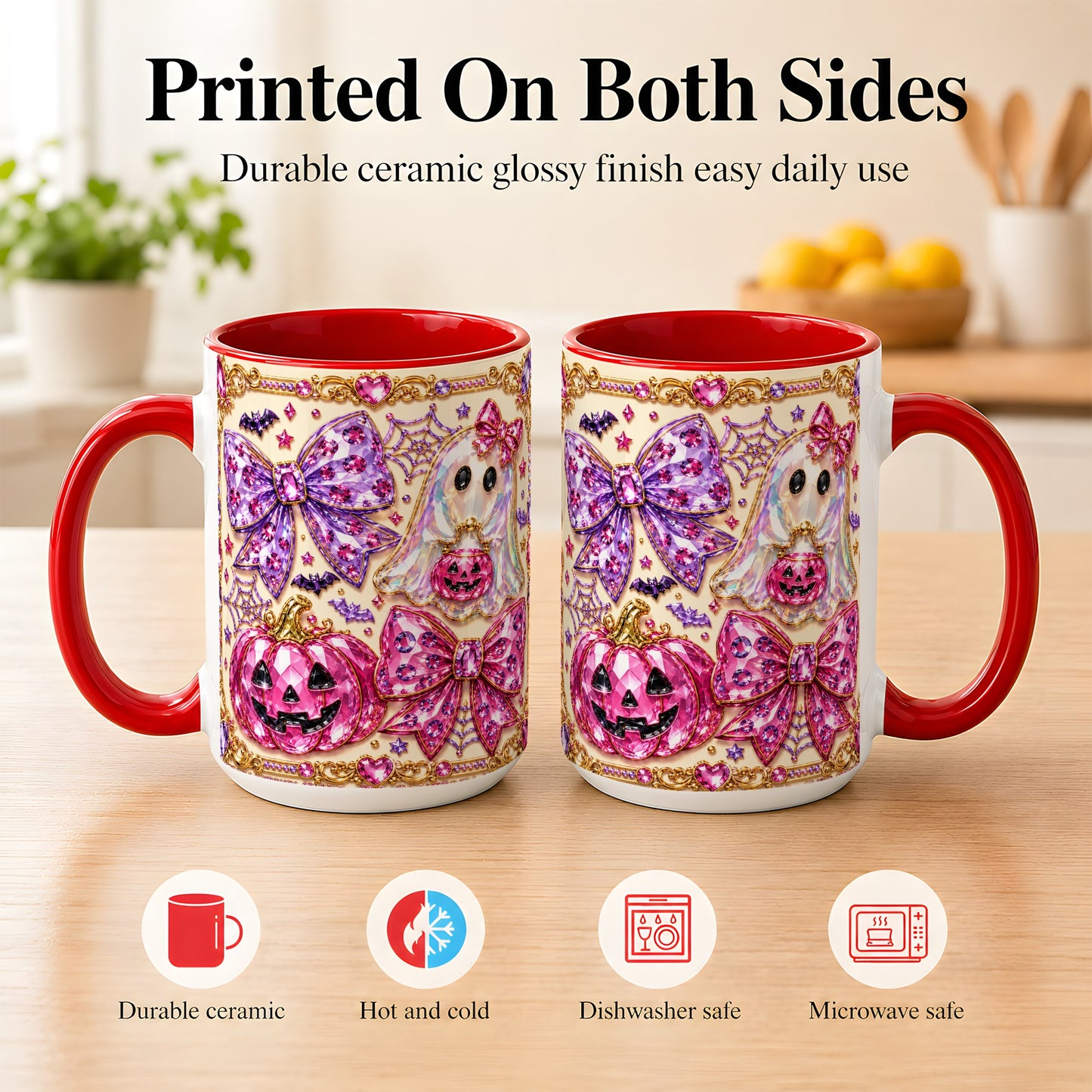 #pl[15oz|Red] Pink Ghost Bow Coffee Mug, Halloween Pumpkin Mug, Ceramic Cup