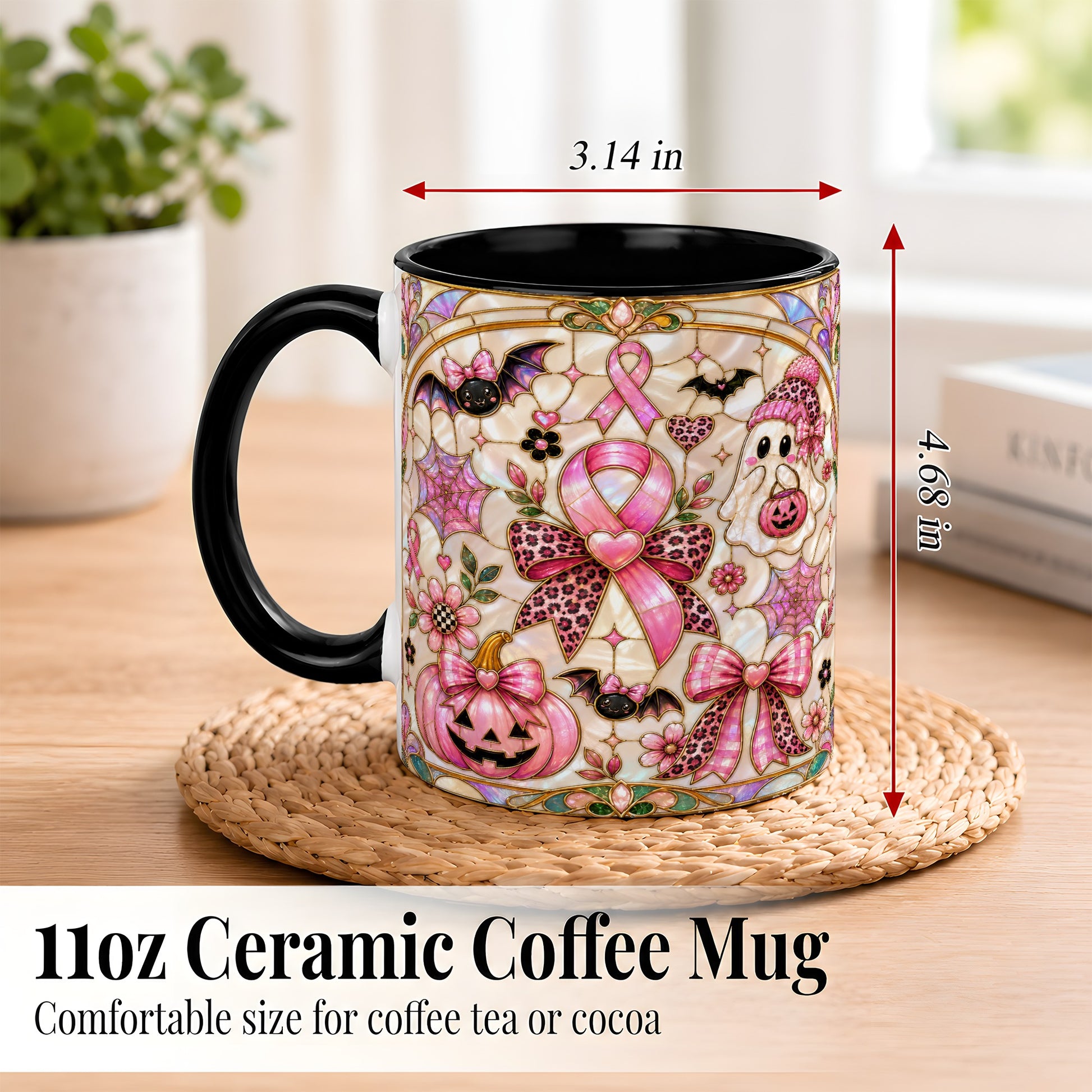 #pl[11oz|Black] Pink Ribbon Halloween Coffee Mug, Cute Ghost Mug, Floral Ceramic Cup
