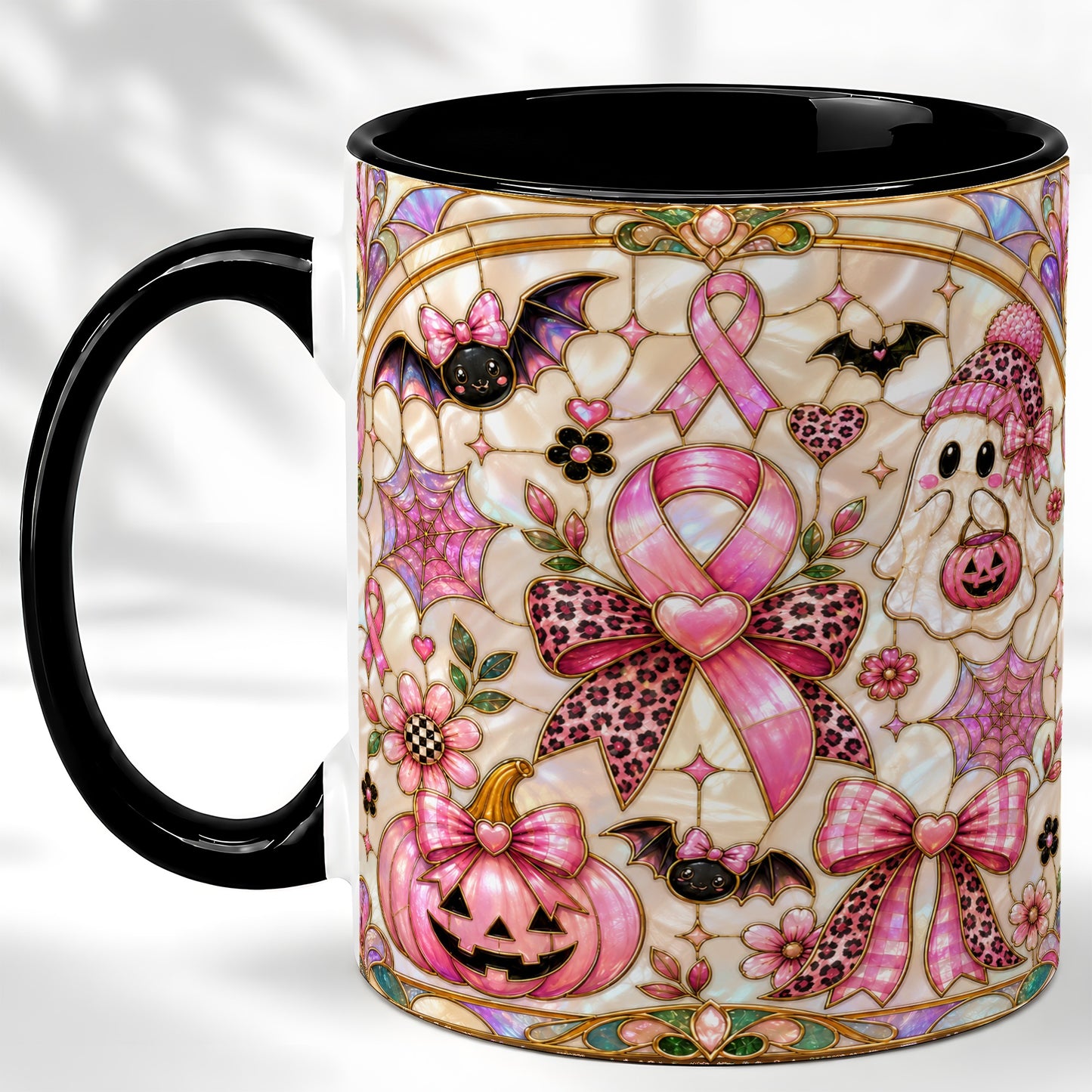 #pl[11oz|Black] Pink Ribbon Halloween Coffee Mug, Cute Ghost Mug, Floral Ceramic Cup