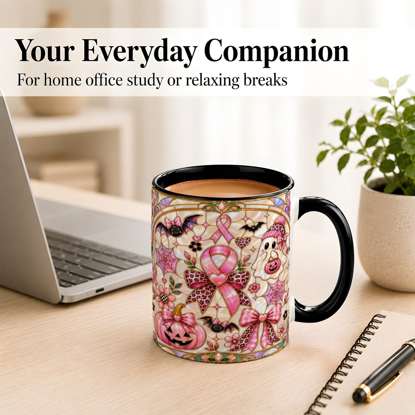 #pl[11oz|Black] Pink Ribbon Halloween Coffee Mug, Cute Ghost Mug, Floral Ceramic Cup