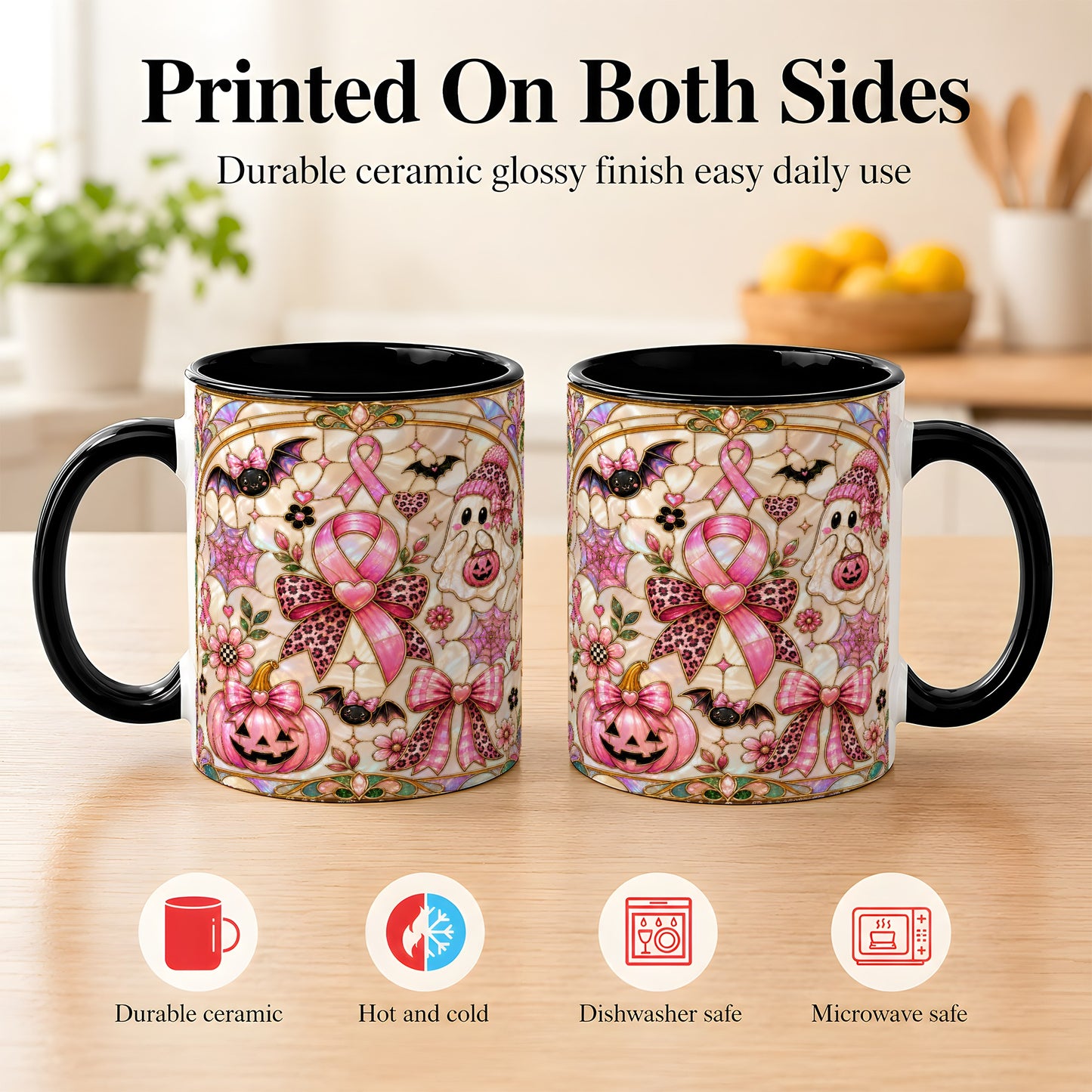 #pl[11oz|Black] Pink Ribbon Halloween Coffee Mug, Cute Ghost Mug, Floral Ceramic Cup