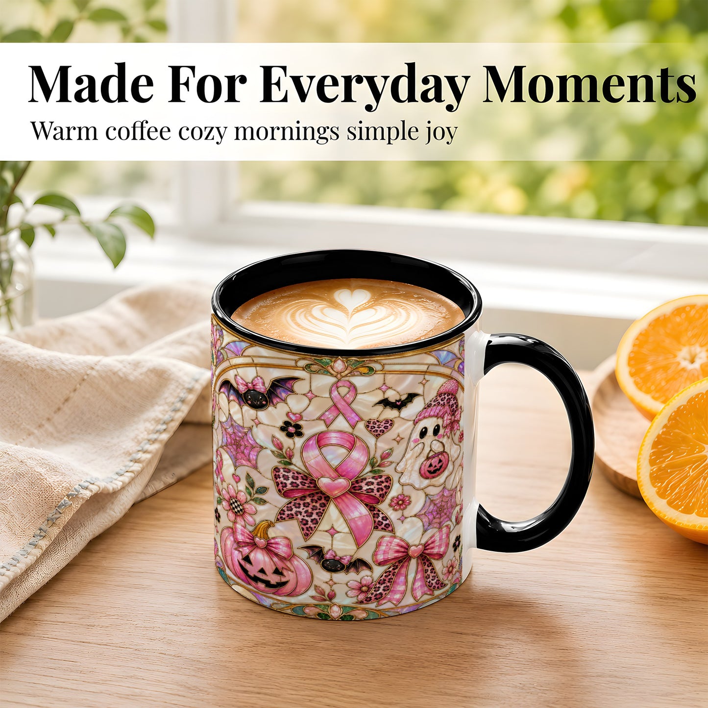 #pl[11oz|Black] Pink Ribbon Halloween Coffee Mug, Cute Ghost Mug, Floral Ceramic Cup