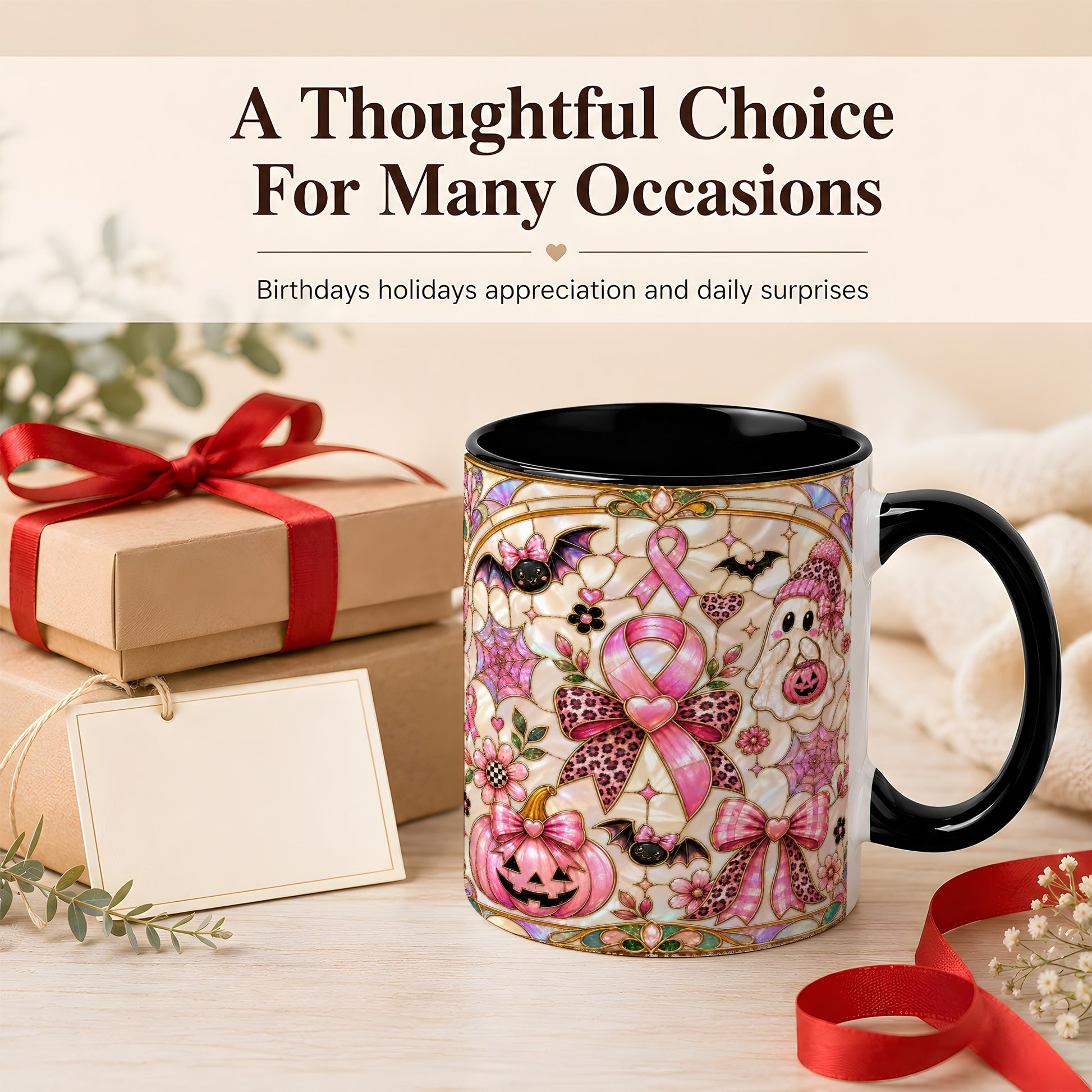 #pl[11oz|Black] Pink Ribbon Halloween Coffee Mug, Cute Ghost Mug, Floral Ceramic Cup
