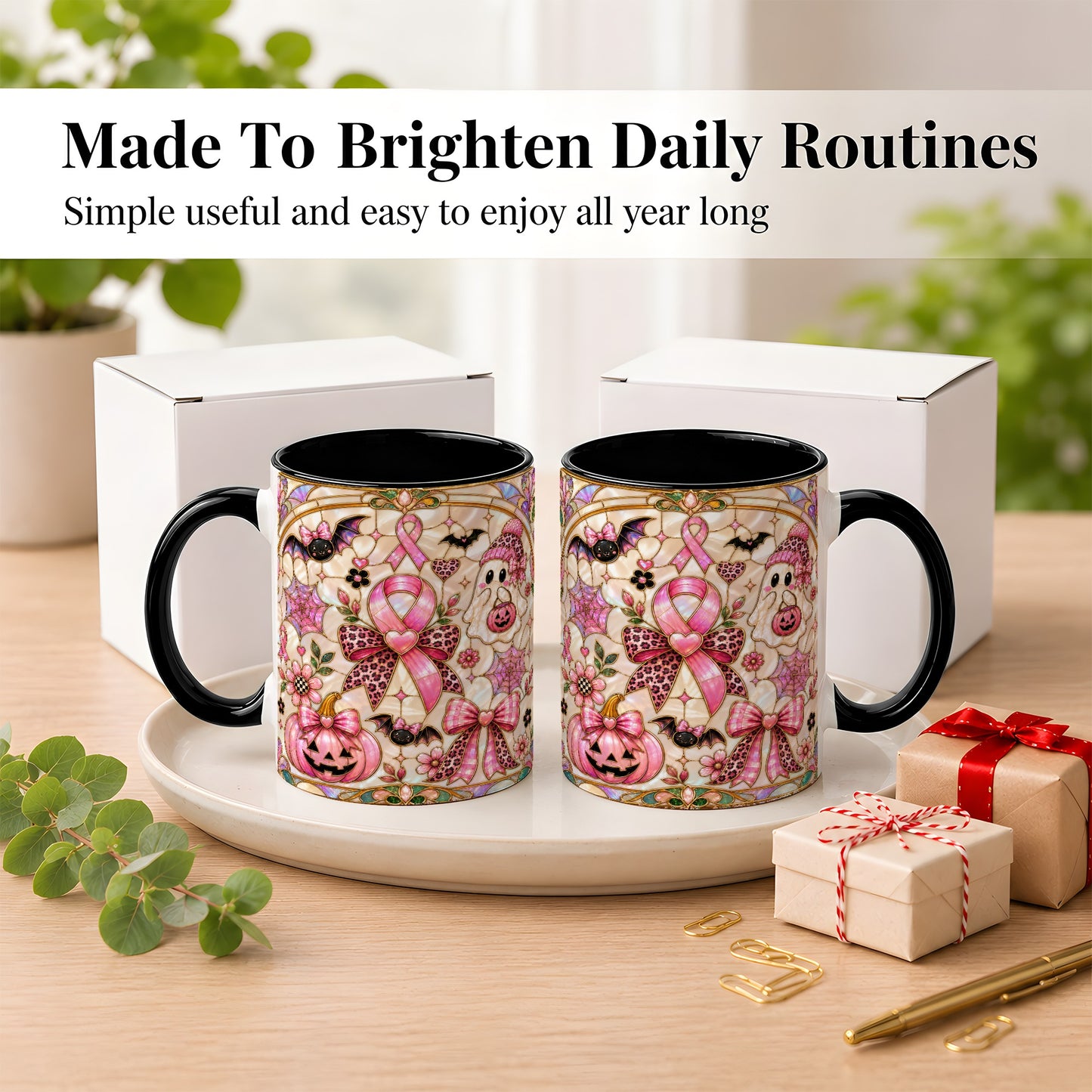 #pl[11oz|Black] Pink Ribbon Halloween Coffee Mug, Cute Ghost Mug, Floral Ceramic Cup
