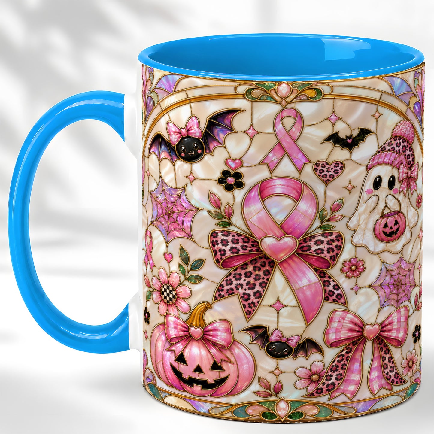 #pl[11oz|Blue] Pink Ribbon Halloween Coffee Mug, Cute Ghost Mug, Floral Ceramic Cup