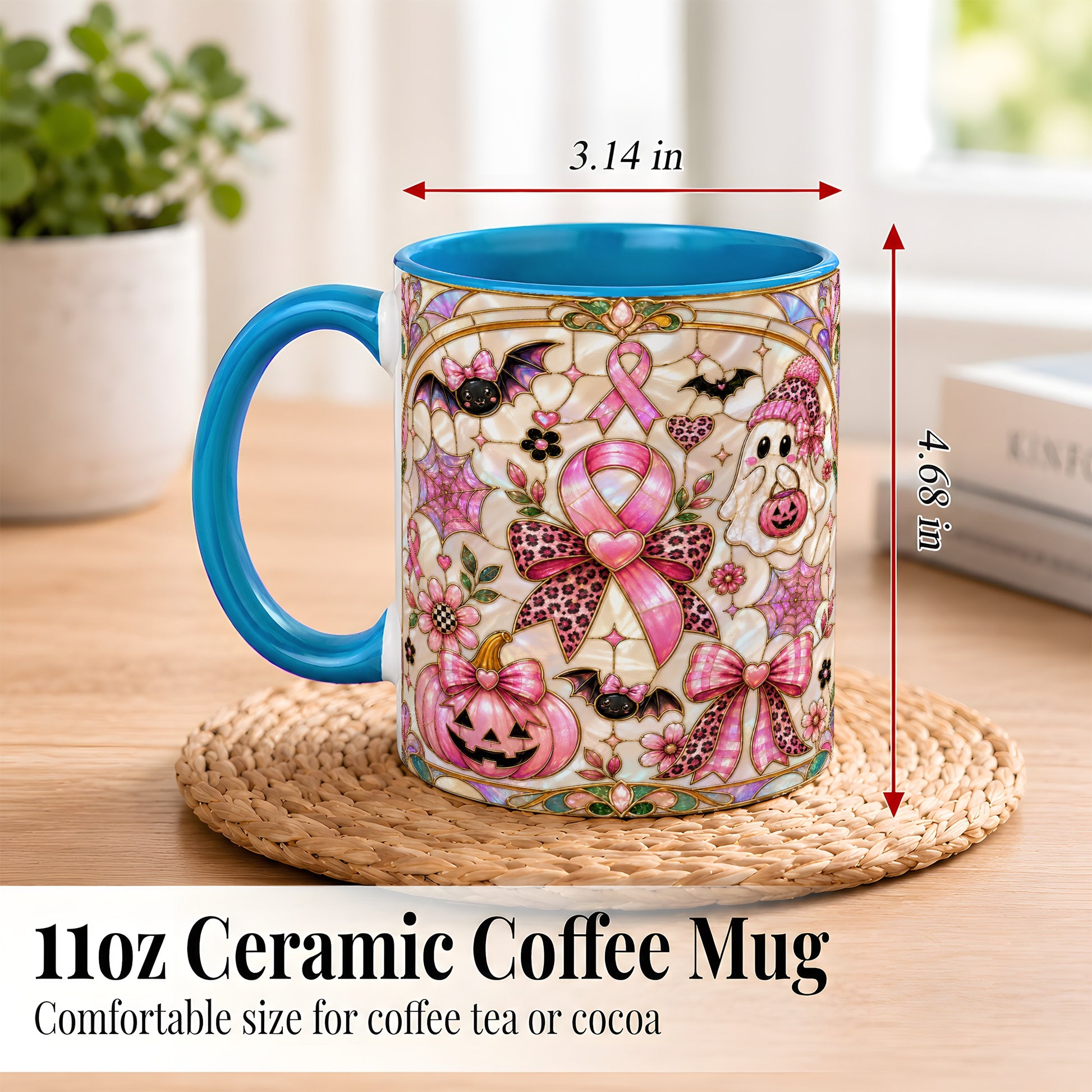 #pl[11oz|Blue] Pink Ribbon Halloween Coffee Mug, Cute Ghost Mug, Floral Ceramic Cup