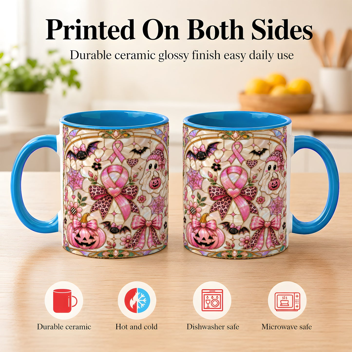 #pl[11oz|Blue] Pink Ribbon Halloween Coffee Mug, Cute Ghost Mug, Floral Ceramic Cup