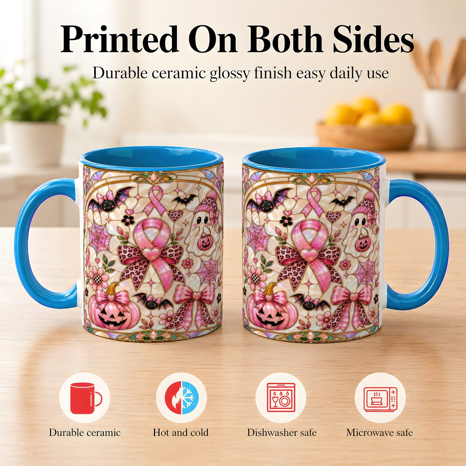 #pl[11oz|Blue] Pink Ribbon Halloween Coffee Mug, Cute Ghost Mug, Floral Ceramic Cup